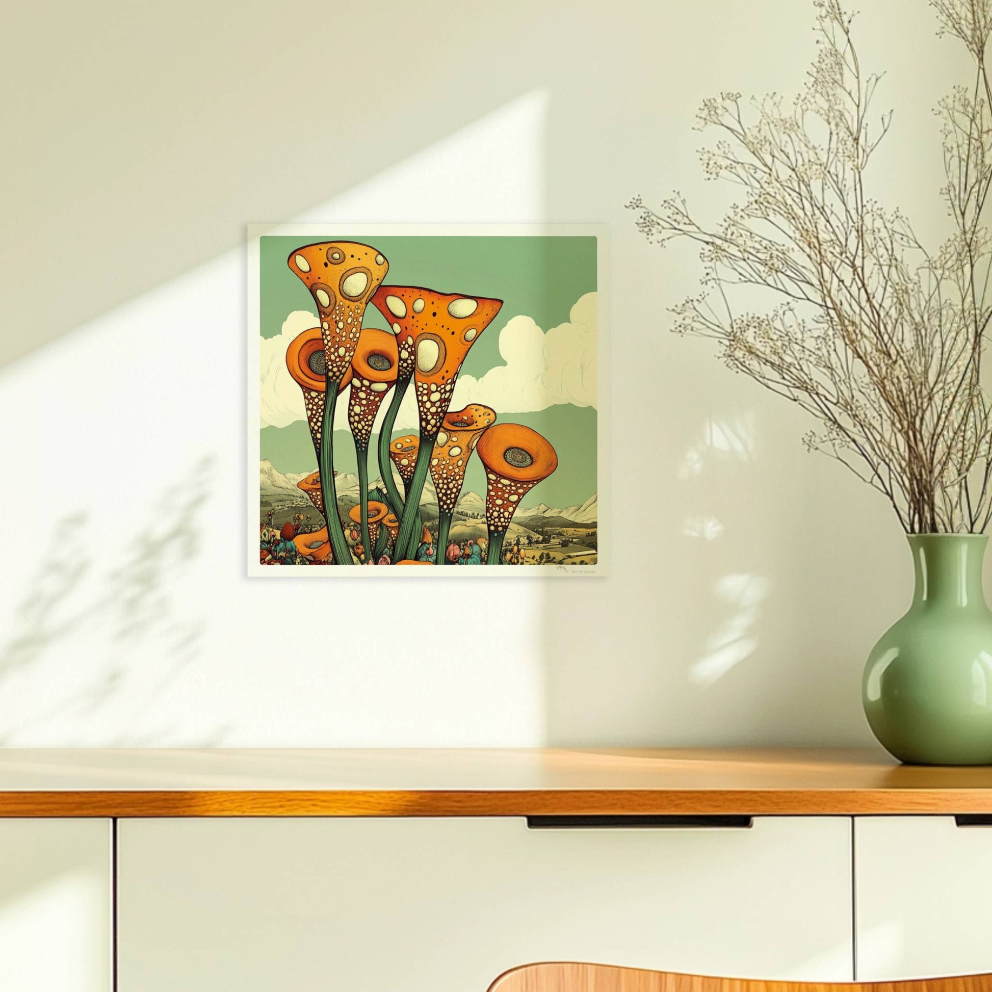 Fantastische orangefarbene trompetenförmige Blüten mit weißen Punkten, die aus einer bunten Wildblumenwiese vor einer Berglandschaft und blauem Himmel herausragen – surrealistische Naturillustration.. Ohne Rahmen 30x30