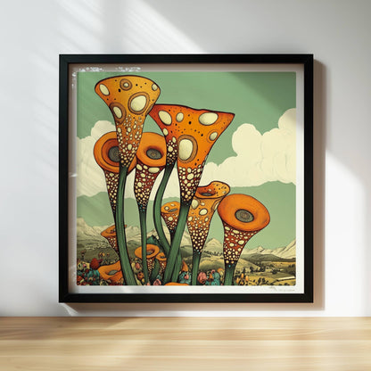 Fantastische orangefarbene trompetenförmige Blüten mit weißen Punkten, die aus einer bunten Wildblumenwiese vor einer Berglandschaft und blauem Himmel herausragen – surrealistische Naturillustration.. Rahmen schwarz 30x30