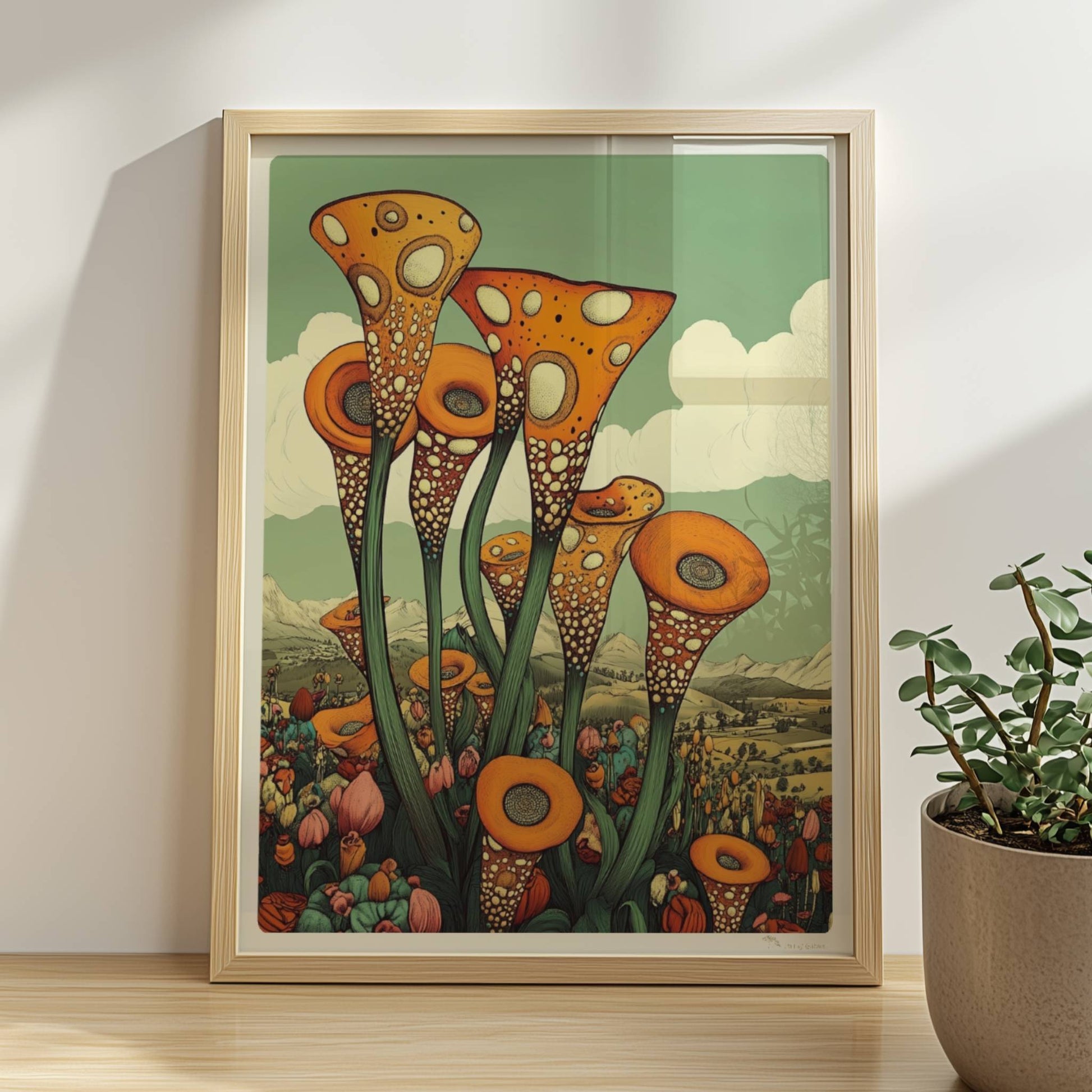 Fantastische orangefarbene trompetenförmige Blüten mit weißen Punkten, die aus einer bunten Wildblumenwiese vor einer Berglandschaft und blauem Himmel herausragen – surrealistische Naturillustration.. Rahmen natur 30x40