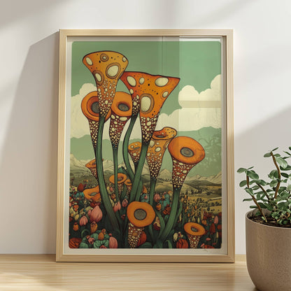 Fantastische orangefarbene trompetenförmige Blüten mit weißen Punkten, die aus einer bunten Wildblumenwiese vor einer Berglandschaft und blauem Himmel herausragen – surrealistische Naturillustration.. Rahmen natur 30x40