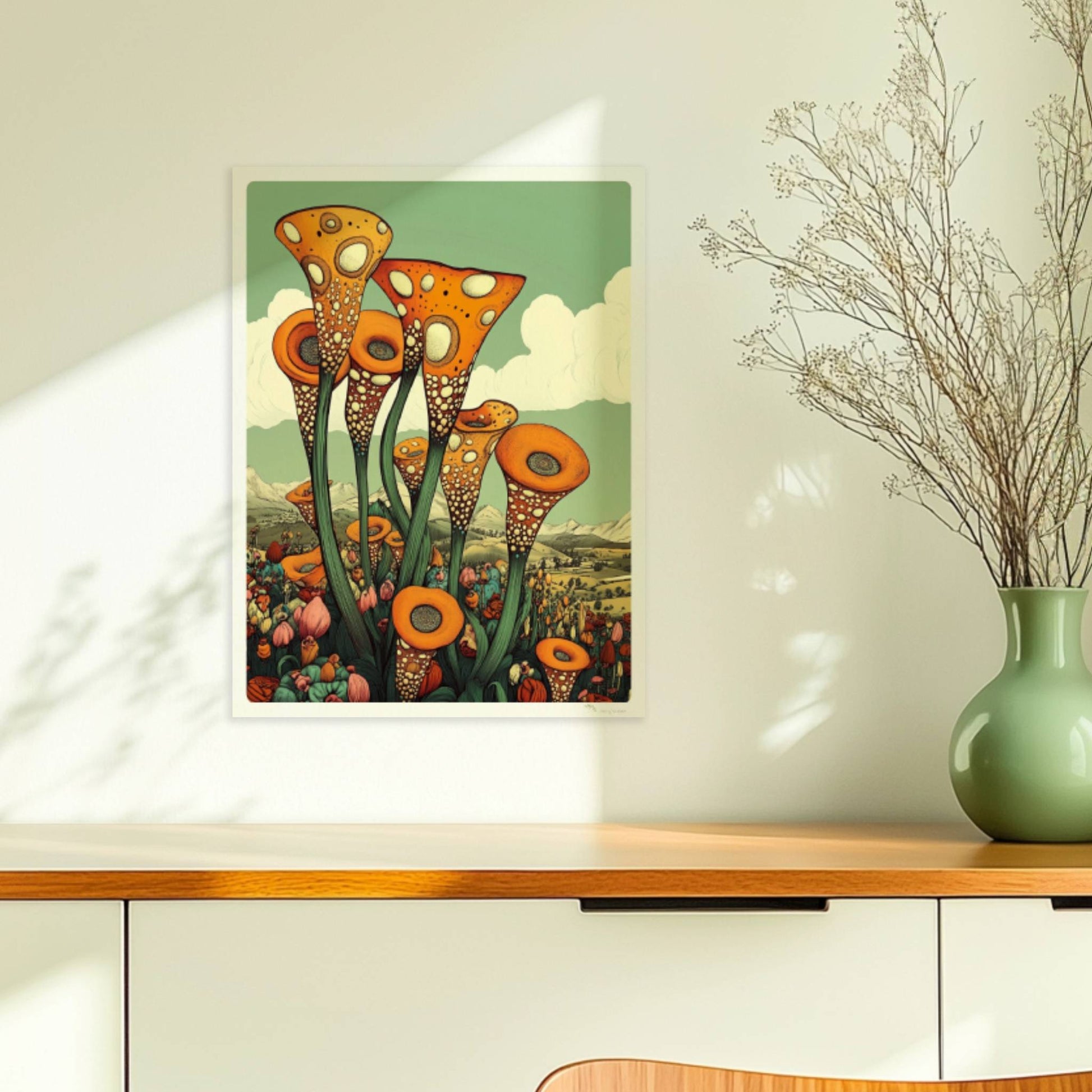 Fantastische orangefarbene trompetenförmige Blüten mit weißen Punkten, die aus einer bunten Wildblumenwiese vor einer Berglandschaft und blauem Himmel herausragen – surrealistische Naturillustration.. Ohne Rahmen 30x40