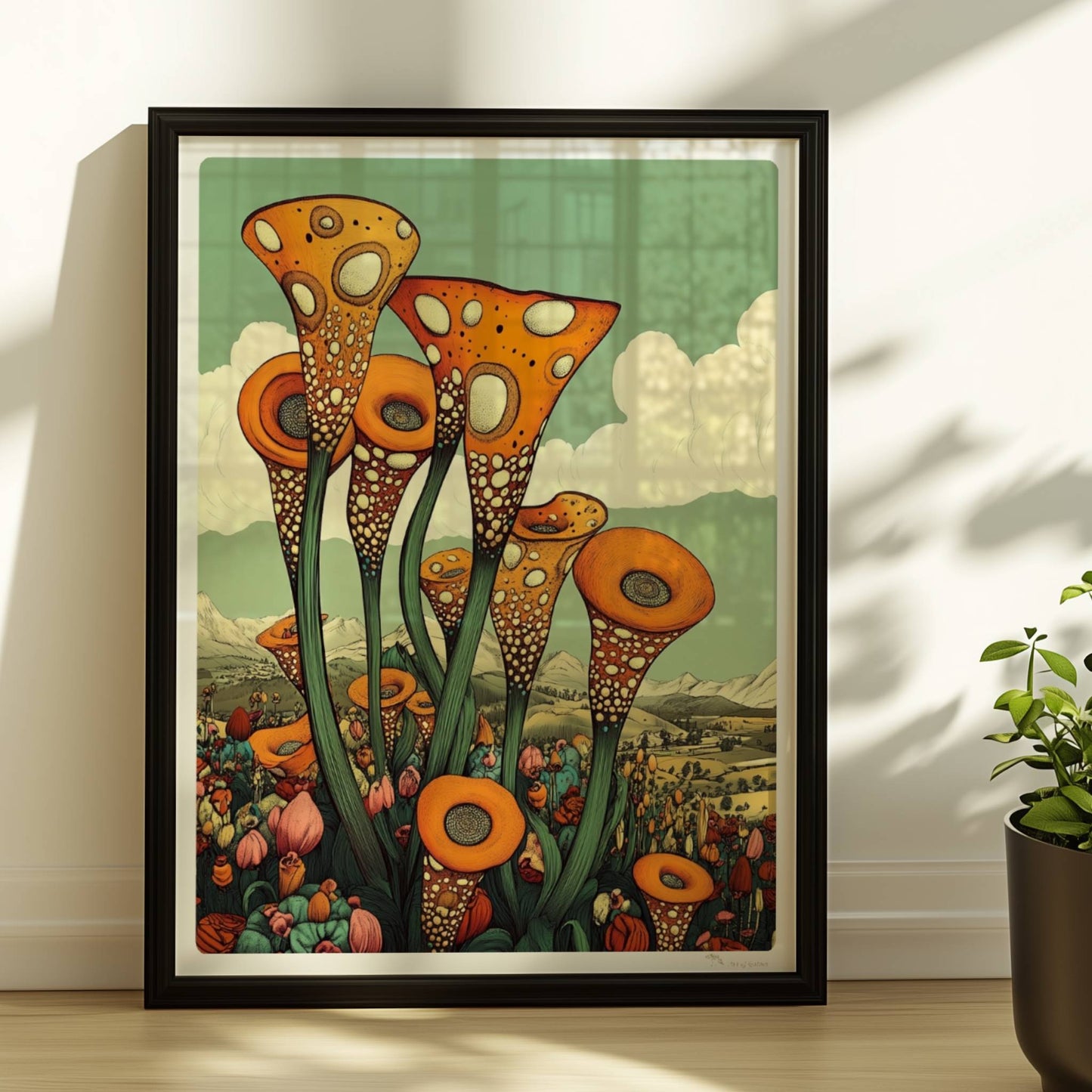 Fantastische orangefarbene trompetenförmige Blüten mit weißen Punkten, die aus einer bunten Wildblumenwiese vor einer Berglandschaft und blauem Himmel herausragen – surrealistische Naturillustration.. Rahmen schwarz 30x40
