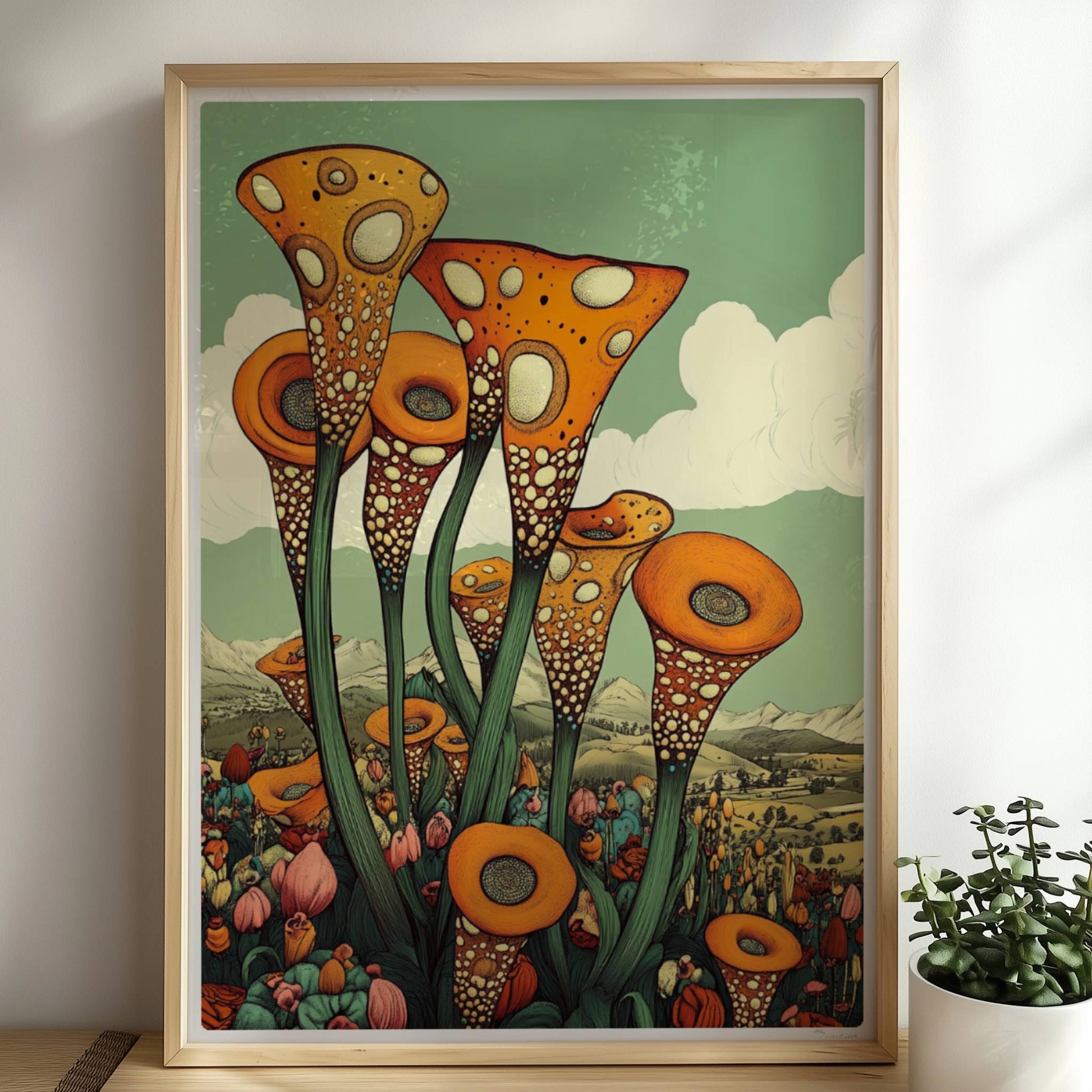 Fantastische orangefarbene trompetenförmige Blüten mit weißen Punkten, die aus einer bunten Wildblumenwiese vor einer Berglandschaft und blauem Himmel herausragen – surrealistische Naturillustration.. Rahmen natur 50x70