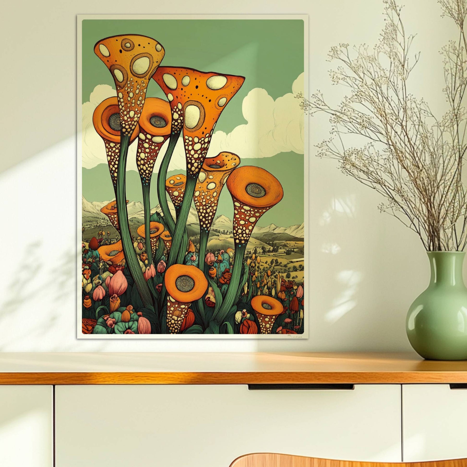 Fantastische orangefarbene trompetenförmige Blüten mit weißen Punkten, die aus einer bunten Wildblumenwiese vor einer Berglandschaft und blauem Himmel herausragen – surrealistische Naturillustration.. Ohne Rahmen 50x70