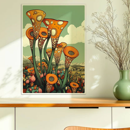 Fantastische orangefarbene trompetenförmige Blüten mit weißen Punkten, die aus einer bunten Wildblumenwiese vor einer Berglandschaft und blauem Himmel herausragen – surrealistische Naturillustration.. Ohne Rahmen 50x70