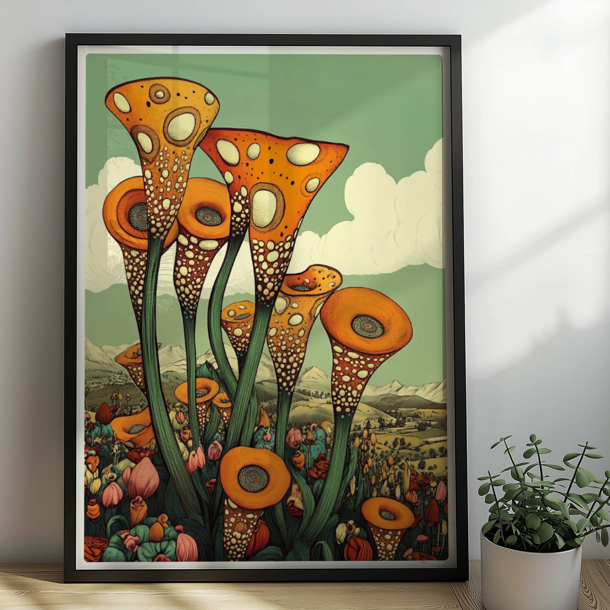 Fantastische orangefarbene trompetenförmige Blüten mit weißen Punkten, die aus einer bunten Wildblumenwiese vor einer Berglandschaft und blauem Himmel herausragen – surrealistische Naturillustration.. Rahmen schwarz 50x70