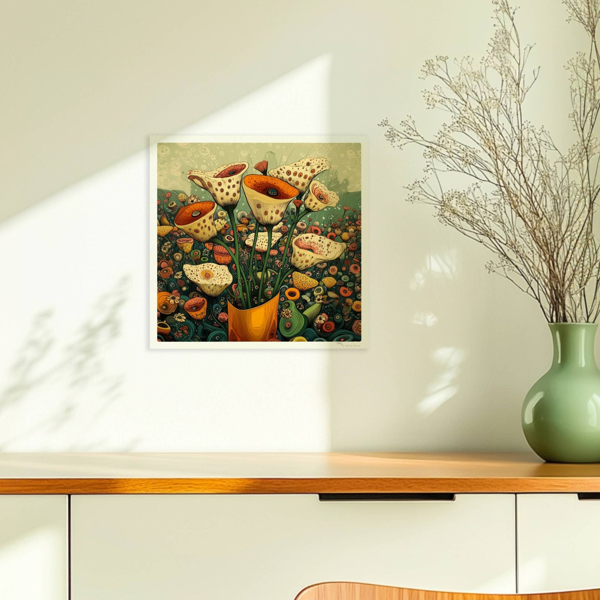 Zarte cremefarbene und orangefarbene Trompetenblüten mit feinen Punkten in einem orangefarbenen Topf, umgeben von einer üppigen Wildblumenwiese – detailreiche, fantasievolle Naturillustration.. Ohne Rahmen 30x30