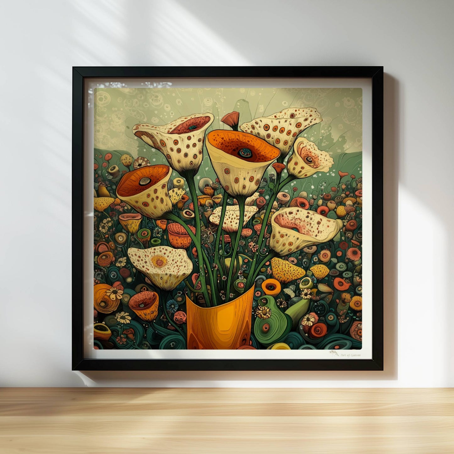 Zarte cremefarbene und orangefarbene Trompetenblüten mit feinen Punkten in einem orangefarbenen Topf, umgeben von einer üppigen Wildblumenwiese – detailreiche, fantasievolle Naturillustration.. Rahmen schwarz 30x30