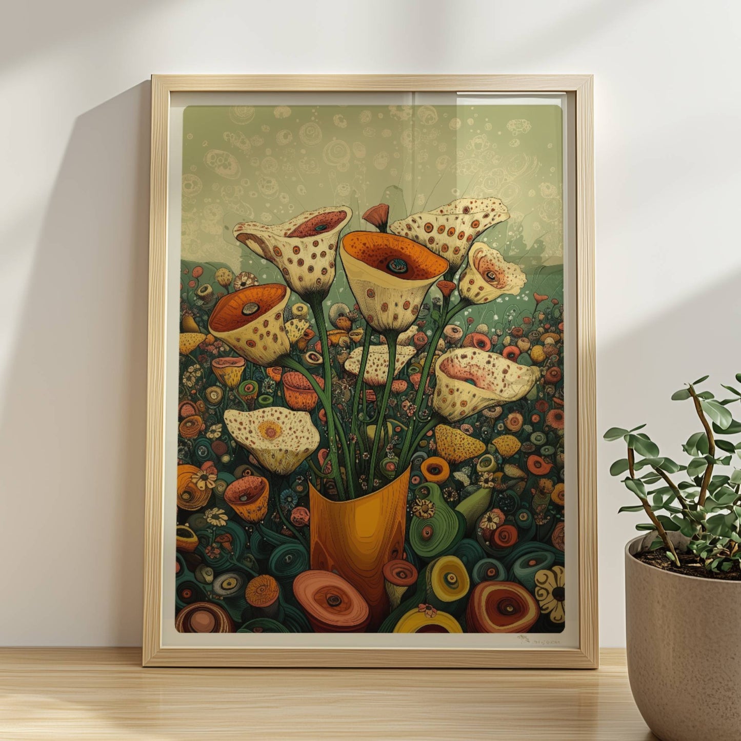 Zarte cremefarbene und orangefarbene Trompetenblüten mit feinen Punkten in einem orangefarbenen Topf, umgeben von einer üppigen Wildblumenwiese – detailreiche, fantasievolle Naturillustration.. Rahmen natur 30x40