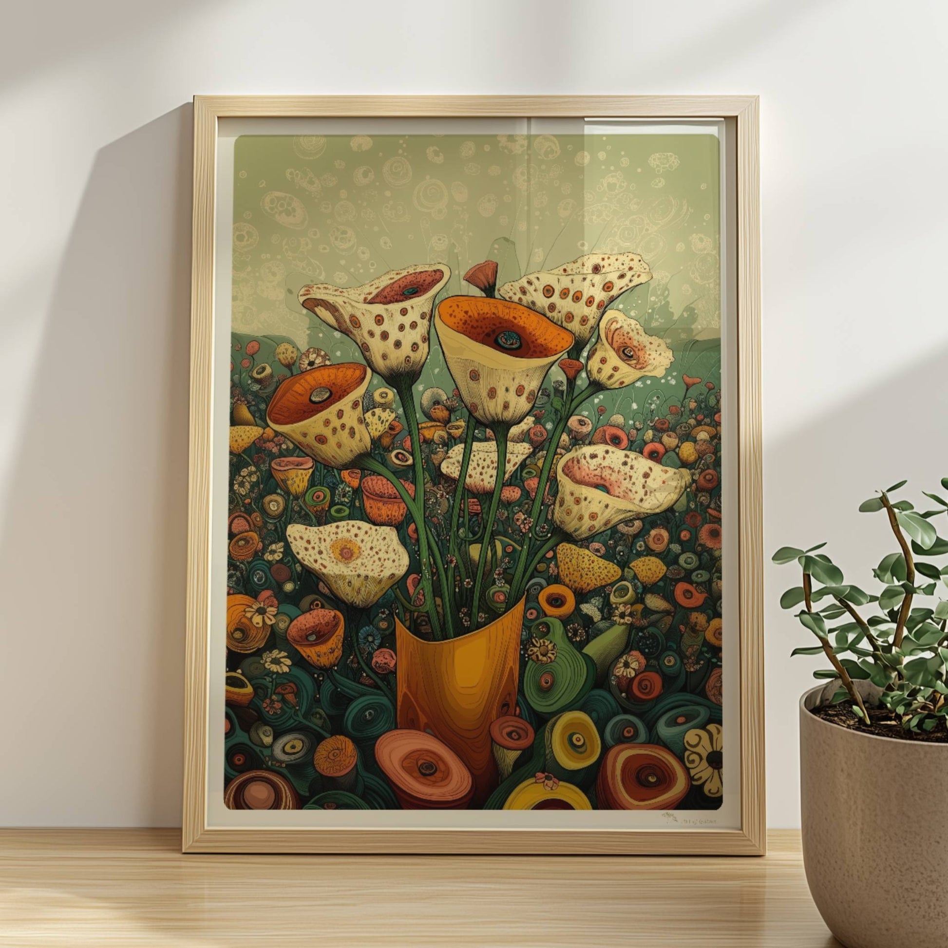 Zarte cremefarbene und orangefarbene Trompetenblüten mit feinen Punkten in einem orangefarbenen Topf, umgeben von einer üppigen Wildblumenwiese – detailreiche, fantasievolle Naturillustration.. Rahmen natur 30x40