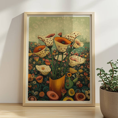 Zarte cremefarbene und orangefarbene Trompetenblüten mit feinen Punkten in einem orangefarbenen Topf, umgeben von einer üppigen Wildblumenwiese – detailreiche, fantasievolle Naturillustration.. Rahmen natur 30x40