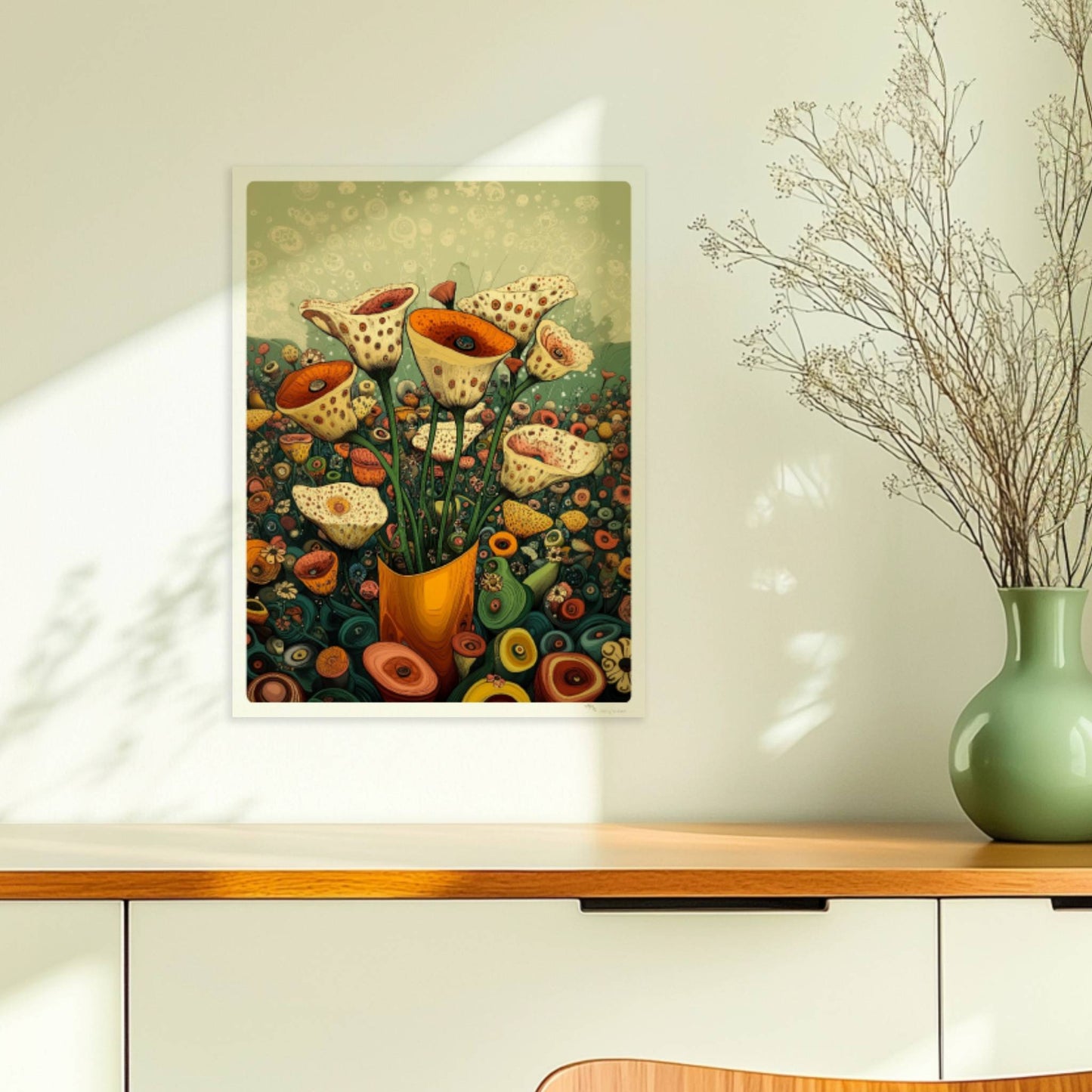 Zarte cremefarbene und orangefarbene Trompetenblüten mit feinen Punkten in einem orangefarbenen Topf, umgeben von einer üppigen Wildblumenwiese – detailreiche, fantasievolle Naturillustration.. Ohne Rahmen 30x40