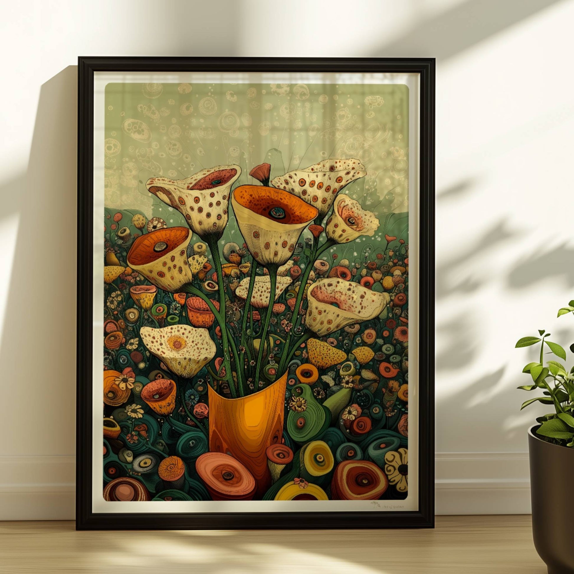 Zarte cremefarbene und orangefarbene Trompetenblüten mit feinen Punkten in einem orangefarbenen Topf, umgeben von einer üppigen Wildblumenwiese – detailreiche, fantasievolle Naturillustration.. Rahmen schwarz 30x40