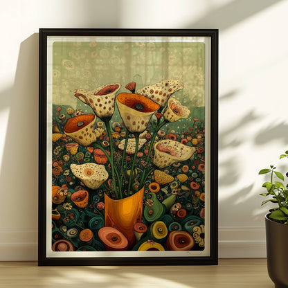 Zarte cremefarbene und orangefarbene Trompetenblüten mit feinen Punkten in einem orangefarbenen Topf, umgeben von einer üppigen Wildblumenwiese – detailreiche, fantasievolle Naturillustration.. Rahmen schwarz 30x40