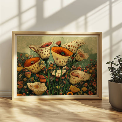 Zarte cremefarbene und orangefarbene Trompetenblüten mit feinen Punkten in einem orangefarbenen Topf, umgeben von einer üppigen Wildblumenwiese – detailreiche, fantasievolle Naturillustration.. Rahmen natur 40x30