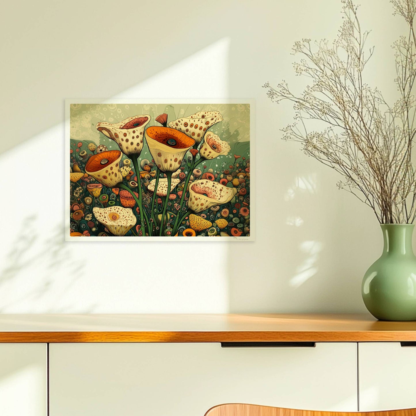 Zarte cremefarbene und orangefarbene Trompetenblüten mit feinen Punkten in einem orangefarbenen Topf, umgeben von einer üppigen Wildblumenwiese – detailreiche, fantasievolle Naturillustration.. Ohne Rahmen 40x30