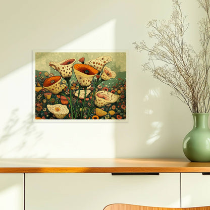 Zarte cremefarbene und orangefarbene Trompetenblüten mit feinen Punkten in einem orangefarbenen Topf, umgeben von einer üppigen Wildblumenwiese – detailreiche, fantasievolle Naturillustration.. Ohne Rahmen 40x30