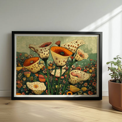 Zarte cremefarbene und orangefarbene Trompetenblüten mit feinen Punkten in einem orangefarbenen Topf, umgeben von einer üppigen Wildblumenwiese – detailreiche, fantasievolle Naturillustration.. Rahmen schwarz 40x30