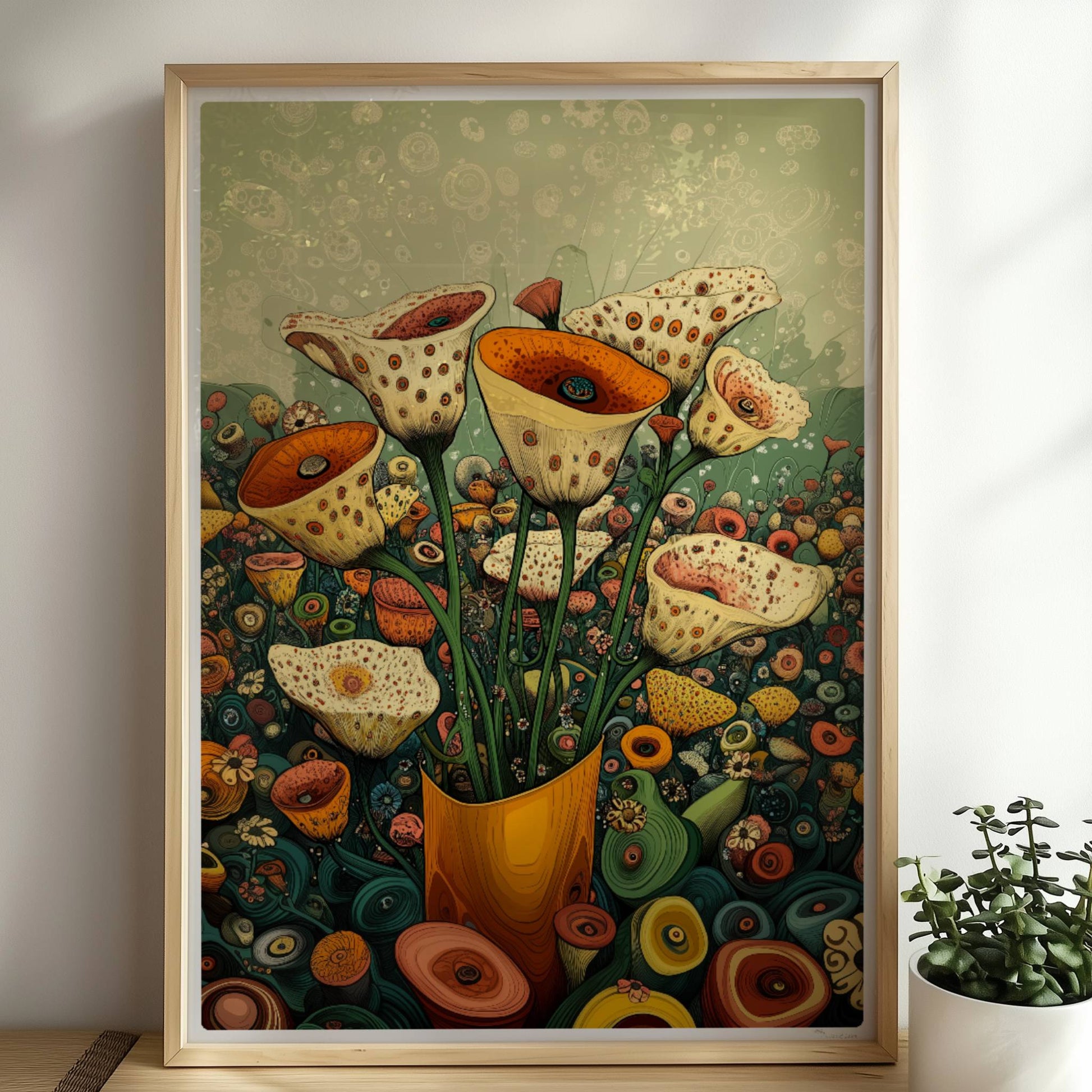 Zarte cremefarbene und orangefarbene Trompetenblüten mit feinen Punkten in einem orangefarbenen Topf, umgeben von einer üppigen Wildblumenwiese – detailreiche, fantasievolle Naturillustration.. Rahmen natur 50x70