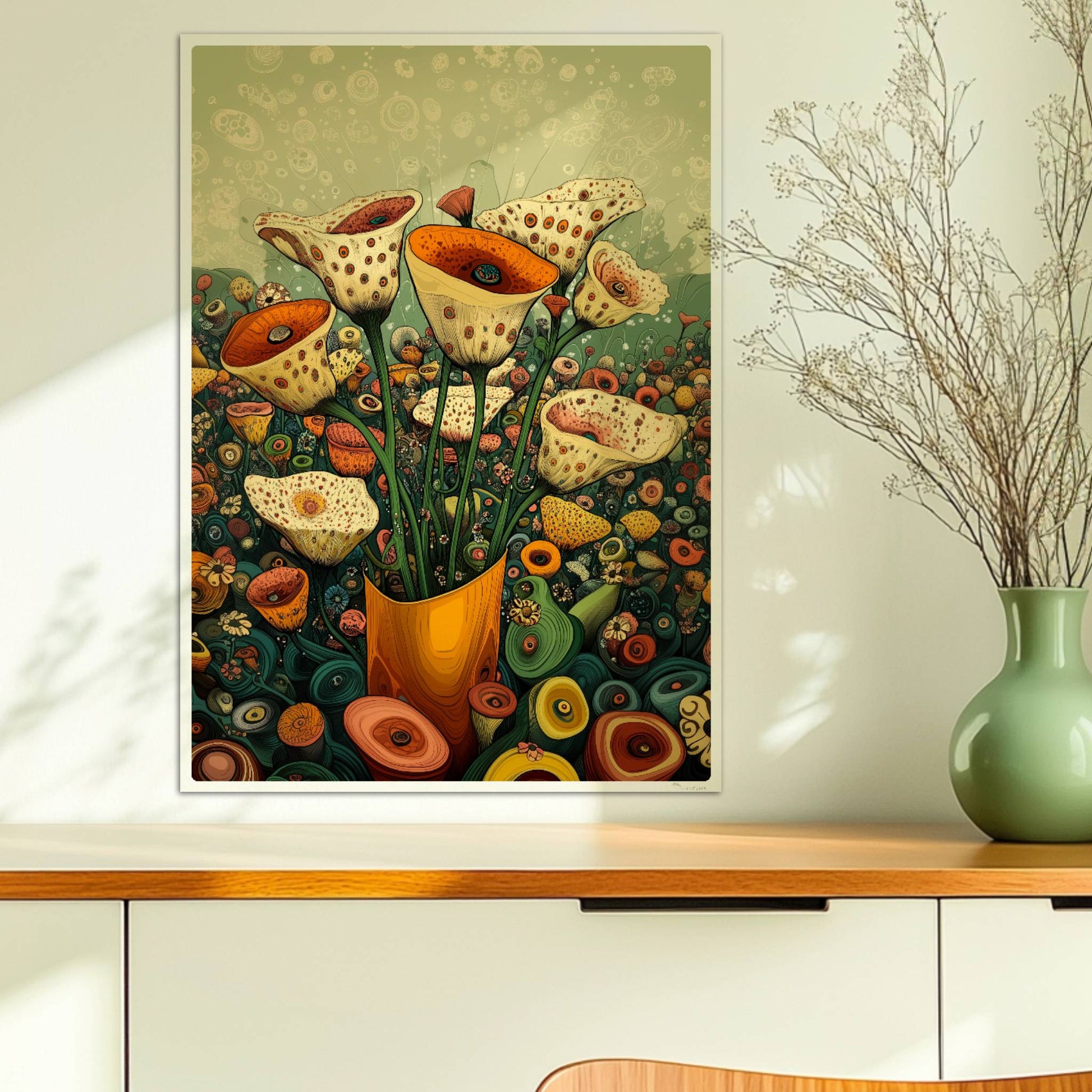 Zarte cremefarbene und orangefarbene Trompetenblüten mit feinen Punkten in einem orangefarbenen Topf, umgeben von einer üppigen Wildblumenwiese – detailreiche, fantasievolle Naturillustration.. Ohne Rahmen 50x70