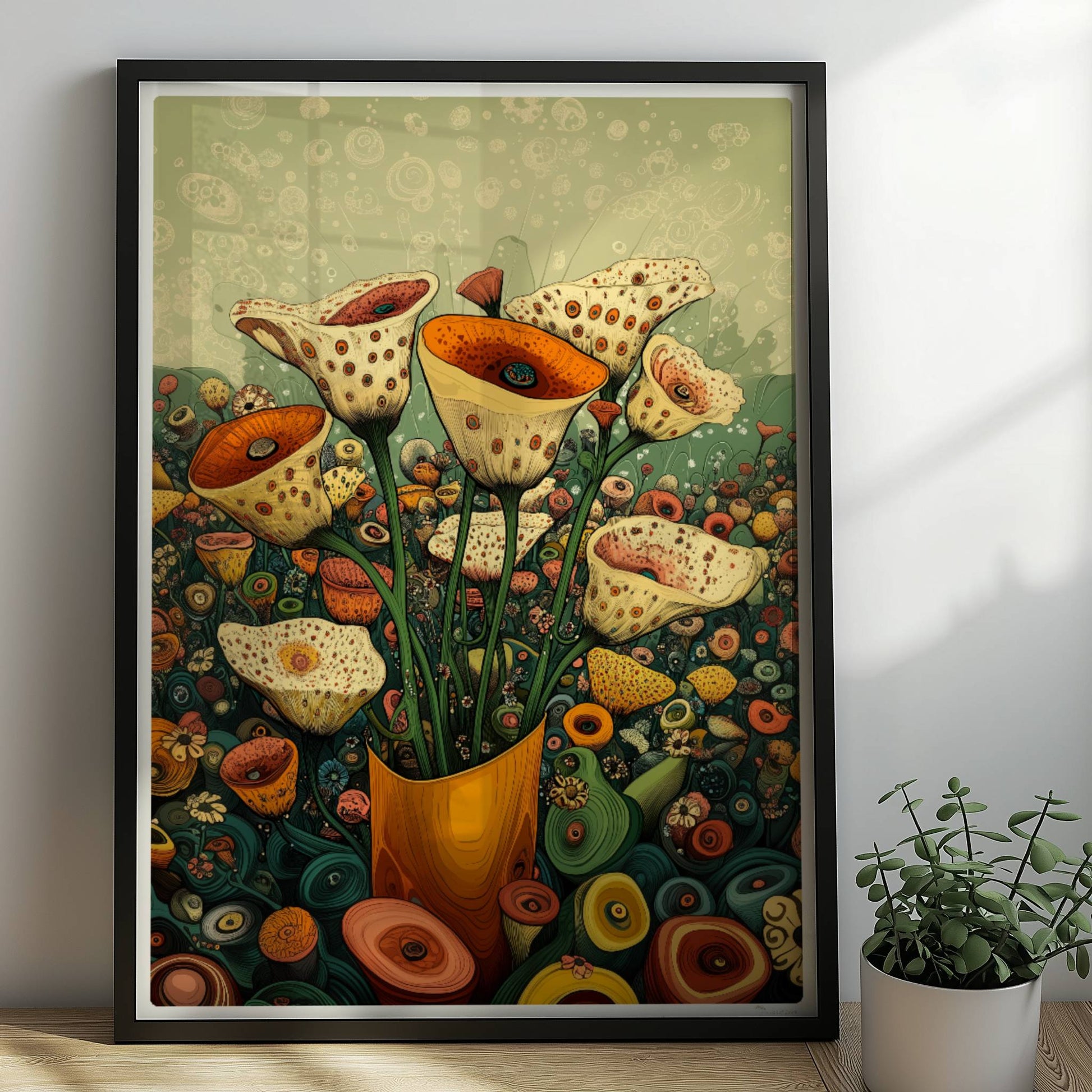 Zarte cremefarbene und orangefarbene Trompetenblüten mit feinen Punkten in einem orangefarbenen Topf, umgeben von einer üppigen Wildblumenwiese – detailreiche, fantasievolle Naturillustration.. Rahmen schwarz 50x70