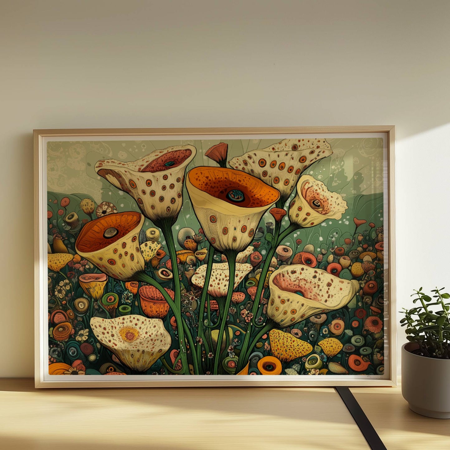 Zarte cremefarbene und orangefarbene Trompetenblüten mit feinen Punkten in einem orangefarbenen Topf, umgeben von einer üppigen Wildblumenwiese – detailreiche, fantasievolle Naturillustration.. Rahmen natur 70x50