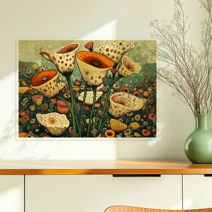 Zarte cremefarbene und orangefarbene Trompetenblüten mit feinen Punkten in einem orangefarbenen Topf, umgeben von einer üppigen Wildblumenwiese – detailreiche, fantasievolle Naturillustration.. Ohne Rahmen 70x50