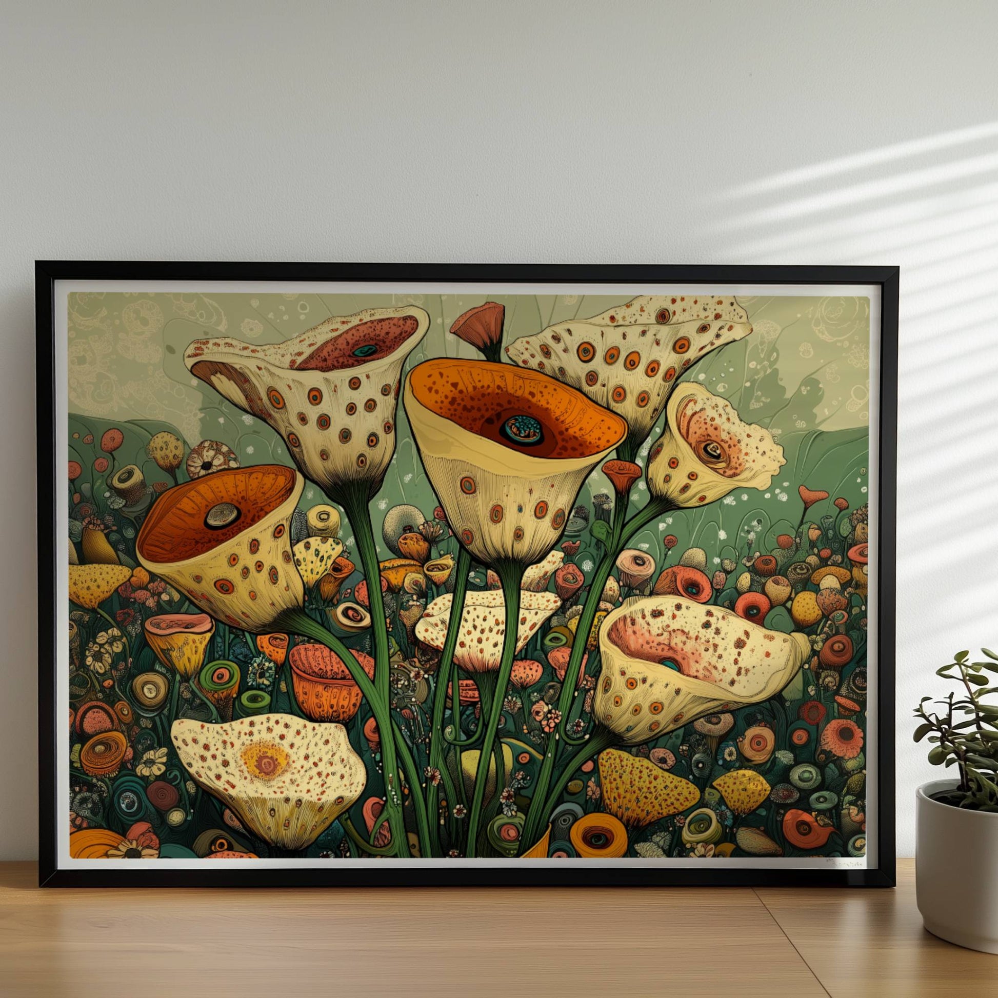 Zarte cremefarbene und orangefarbene Trompetenblüten mit feinen Punkten in einem orangefarbenen Topf, umgeben von einer üppigen Wildblumenwiese – detailreiche, fantasievolle Naturillustration.. Rahmen schwarz 70x50