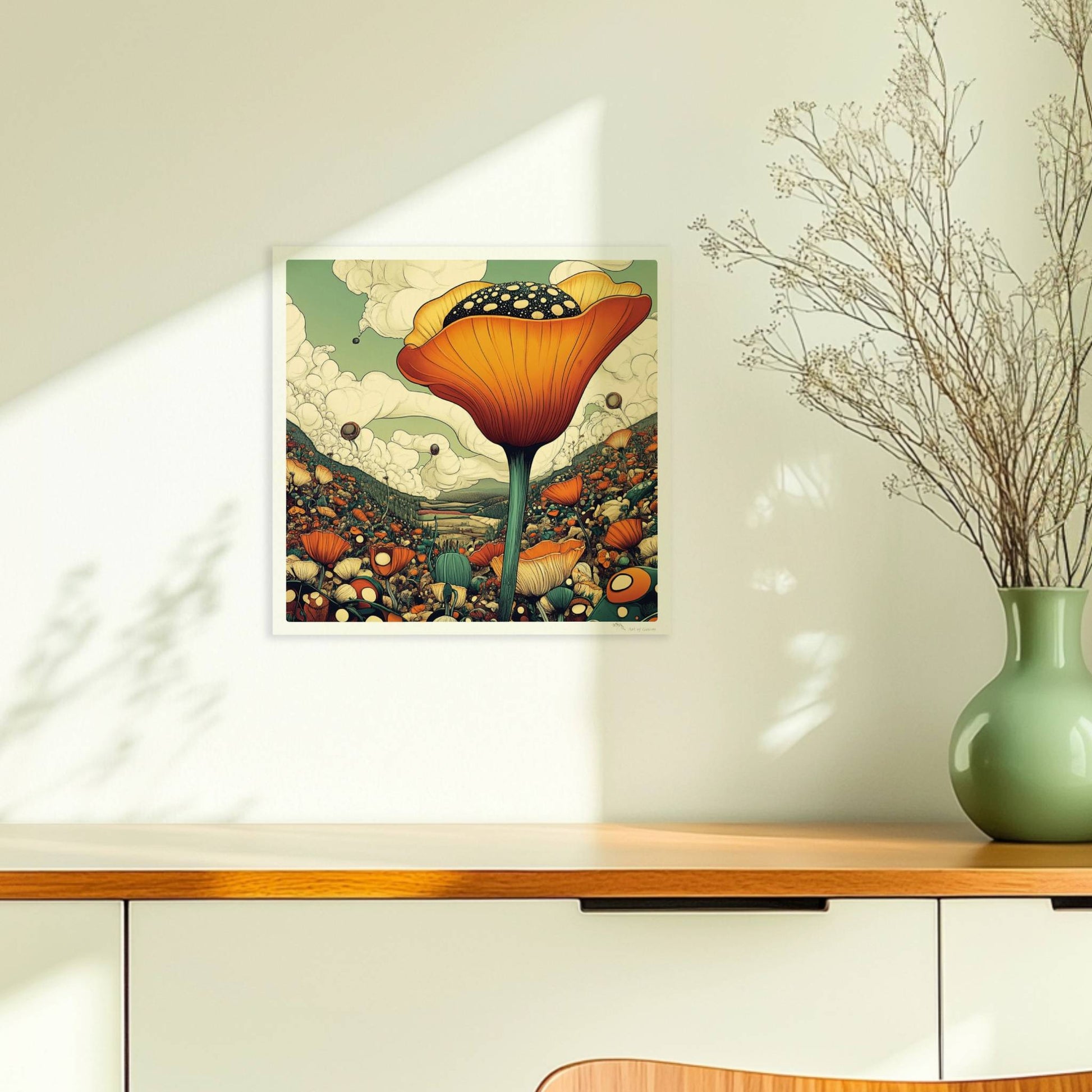 Überdimensionale orangefarbene Blüte mit gepunktetem Samenstand erhebt sich aus einer bunten Wildblumenwiese vor Bergen und dramatischem Wolkenhimmel – spektakuläre Naturillustration.. Ohne Rahmen 30x30