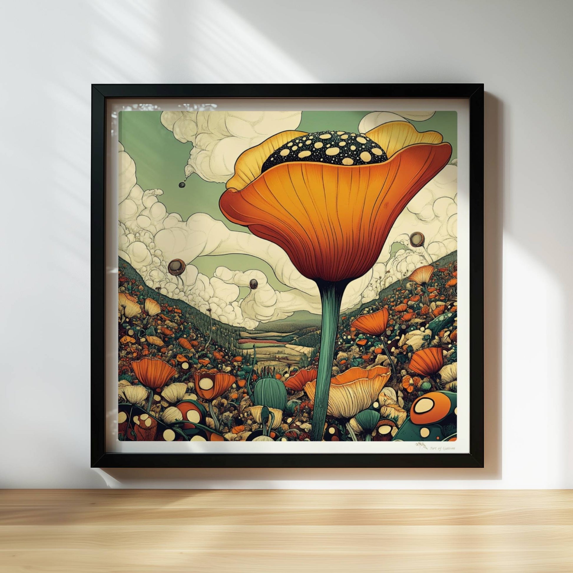 Überdimensionale orangefarbene Blüte mit gepunktetem Samenstand erhebt sich aus einer bunten Wildblumenwiese vor Bergen und dramatischem Wolkenhimmel – spektakuläre Naturillustration.. Rahmen schwarz 30x30