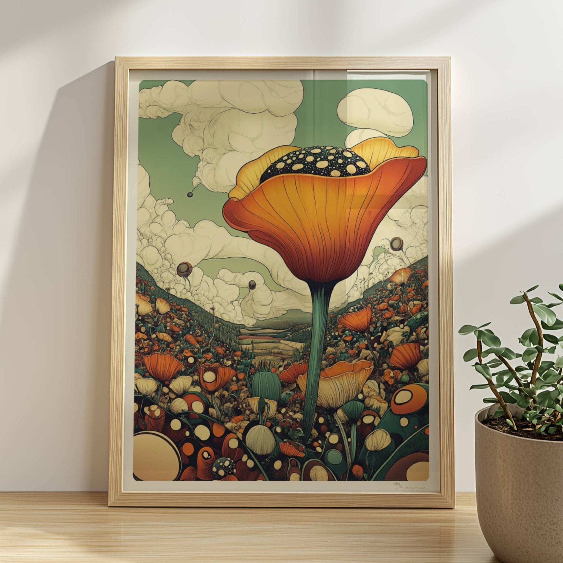 Überdimensionale orangefarbene Blüte mit gepunktetem Samenstand erhebt sich aus einer bunten Wildblumenwiese vor Bergen und dramatischem Wolkenhimmel – spektakuläre Naturillustration.. Rahmen natur 30x40