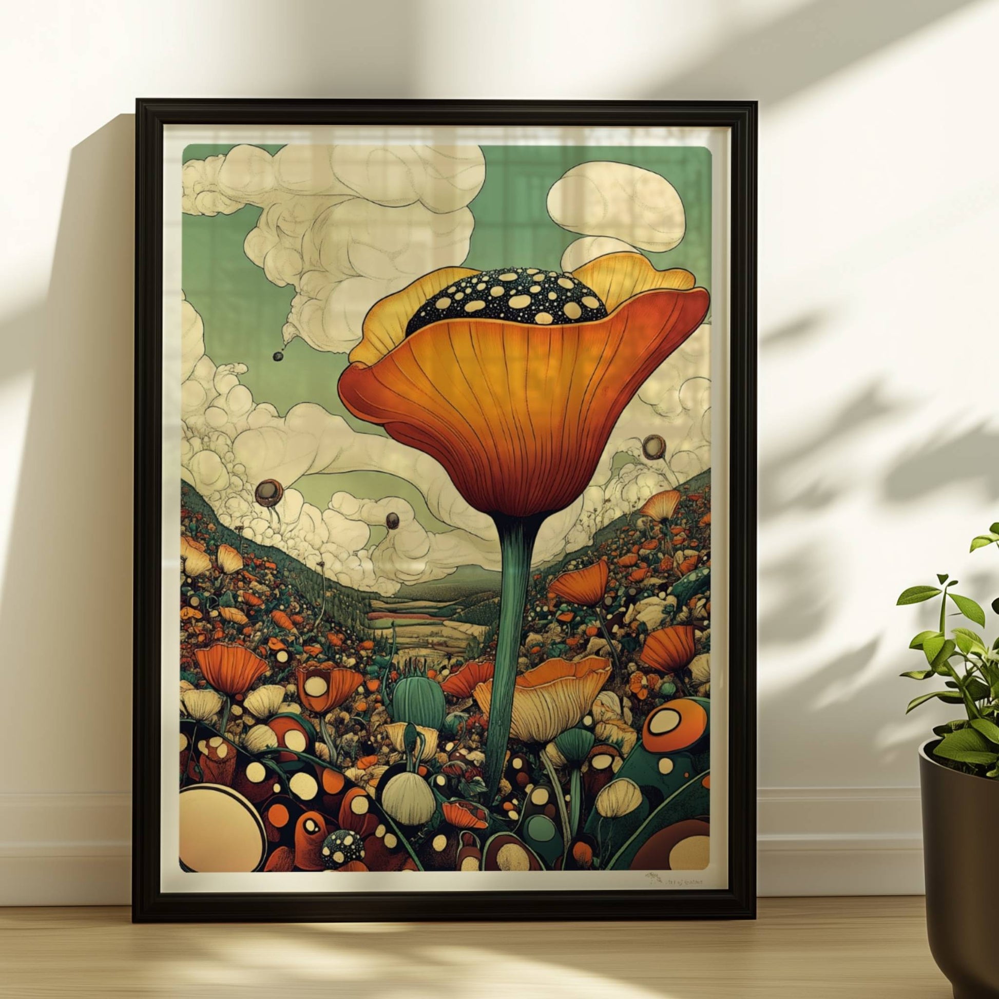 Überdimensionale orangefarbene Blüte mit gepunktetem Samenstand erhebt sich aus einer bunten Wildblumenwiese vor Bergen und dramatischem Wolkenhimmel – spektakuläre Naturillustration.. Rahmen schwarz 30x40