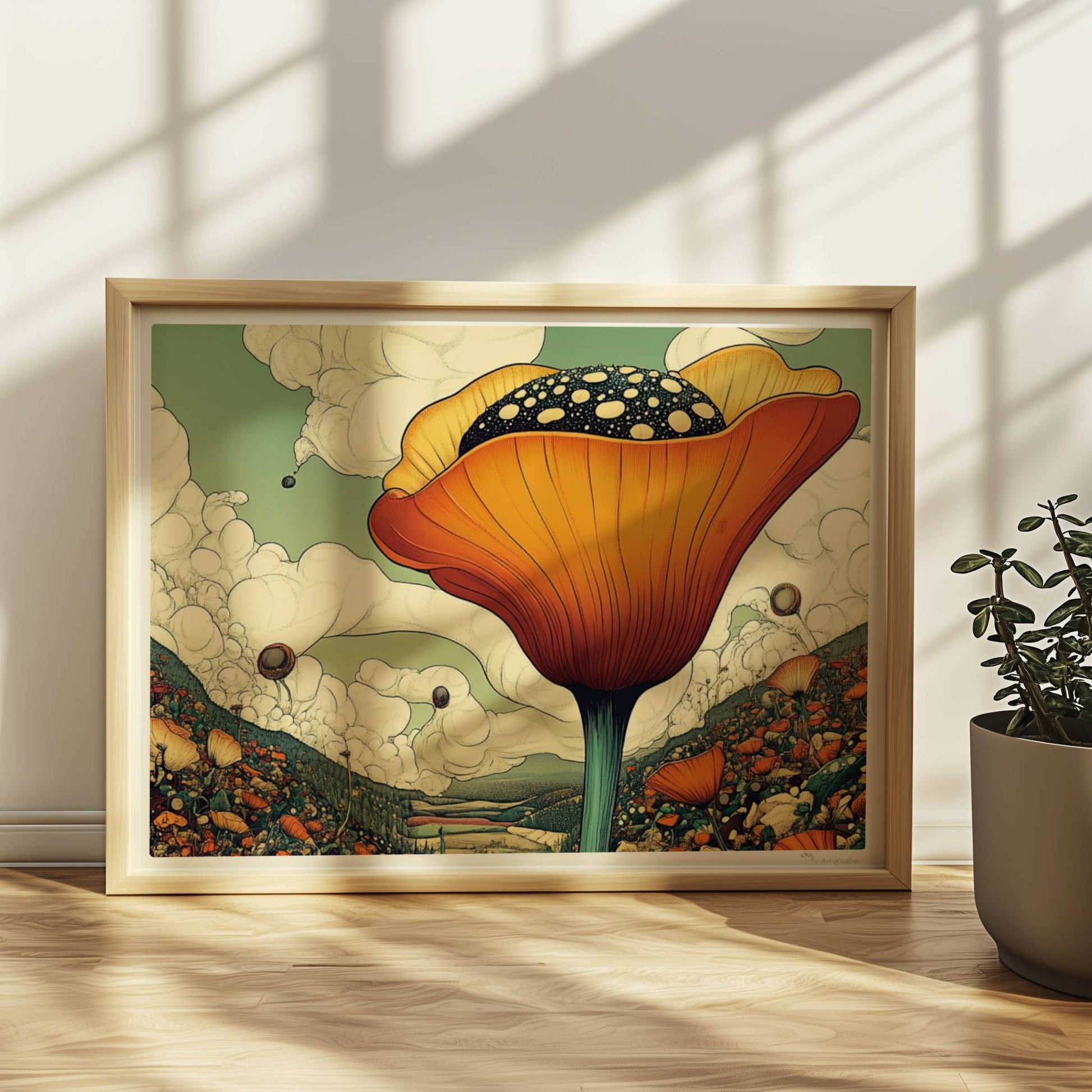 Überdimensionale orangefarbene Blüte mit gepunktetem Samenstand erhebt sich aus einer bunten Wildblumenwiese vor Bergen und dramatischem Wolkenhimmel – spektakuläre Naturillustration.. Rahmen natur 40x30