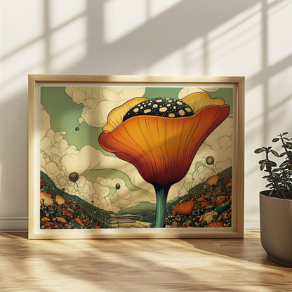 Überdimensionale orangefarbene Blüte mit gepunktetem Samenstand erhebt sich aus einer bunten Wildblumenwiese vor Bergen und dramatischem Wolkenhimmel – spektakuläre Naturillustration.. Rahmen natur 40x30
