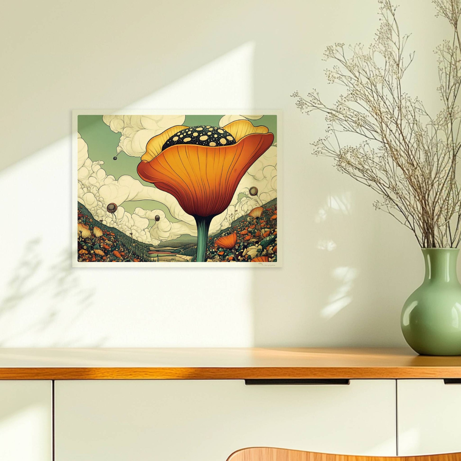 Überdimensionale orangefarbene Blüte mit gepunktetem Samenstand erhebt sich aus einer bunten Wildblumenwiese vor Bergen und dramatischem Wolkenhimmel – spektakuläre Naturillustration.. Ohne Rahmen 40x30