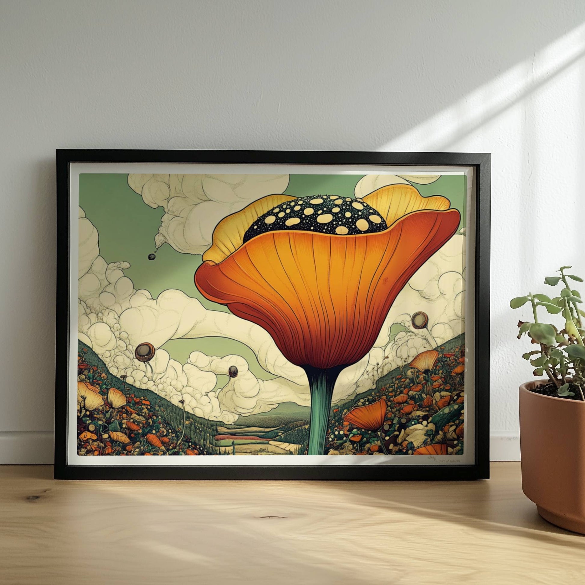 Überdimensionale orangefarbene Blüte mit gepunktetem Samenstand erhebt sich aus einer bunten Wildblumenwiese vor Bergen und dramatischem Wolkenhimmel – spektakuläre Naturillustration.. Rahmen schwarz 40x30