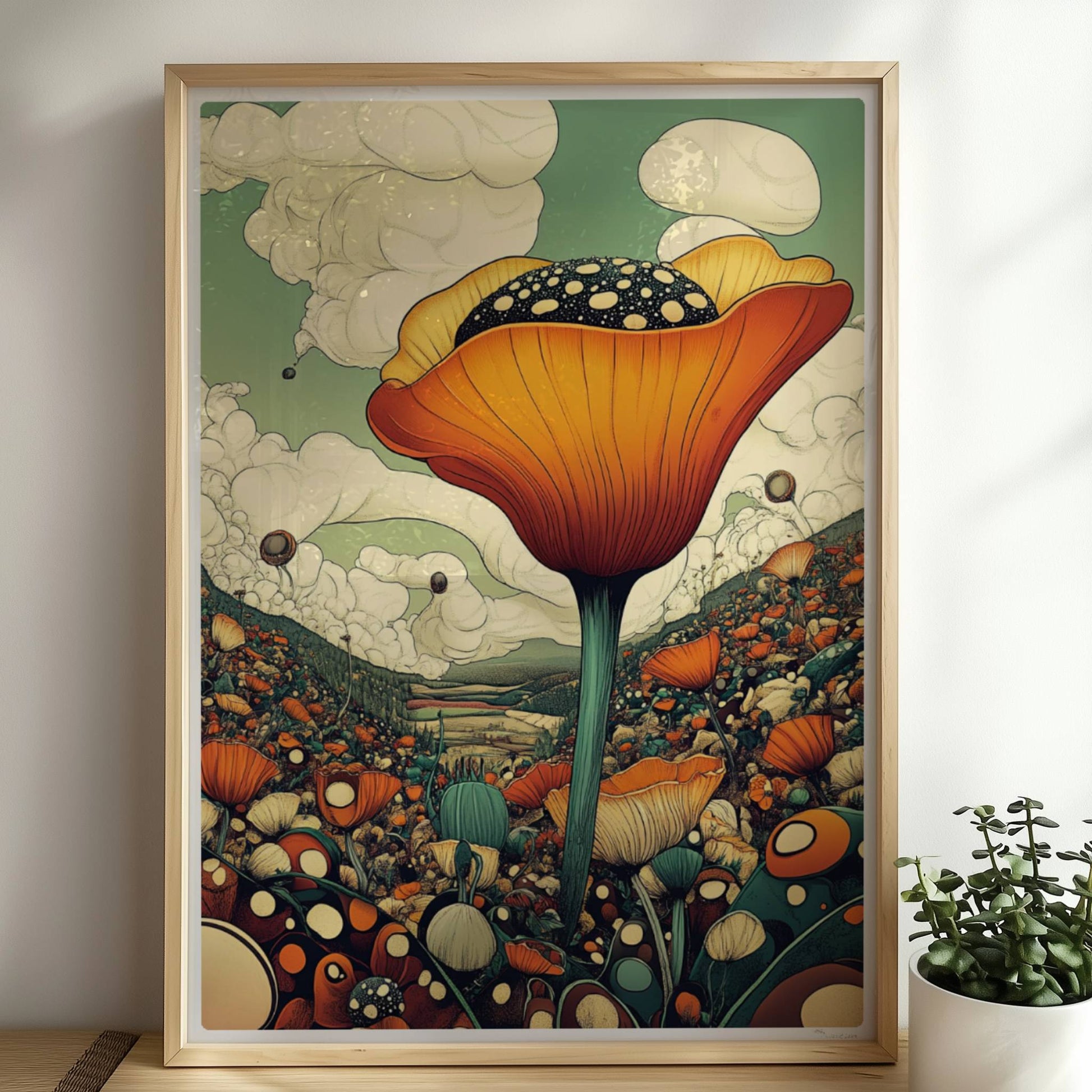 Überdimensionale orangefarbene Blüte mit gepunktetem Samenstand erhebt sich aus einer bunten Wildblumenwiese vor Bergen und dramatischem Wolkenhimmel – spektakuläre Naturillustration.. Rahmen natur 50x70