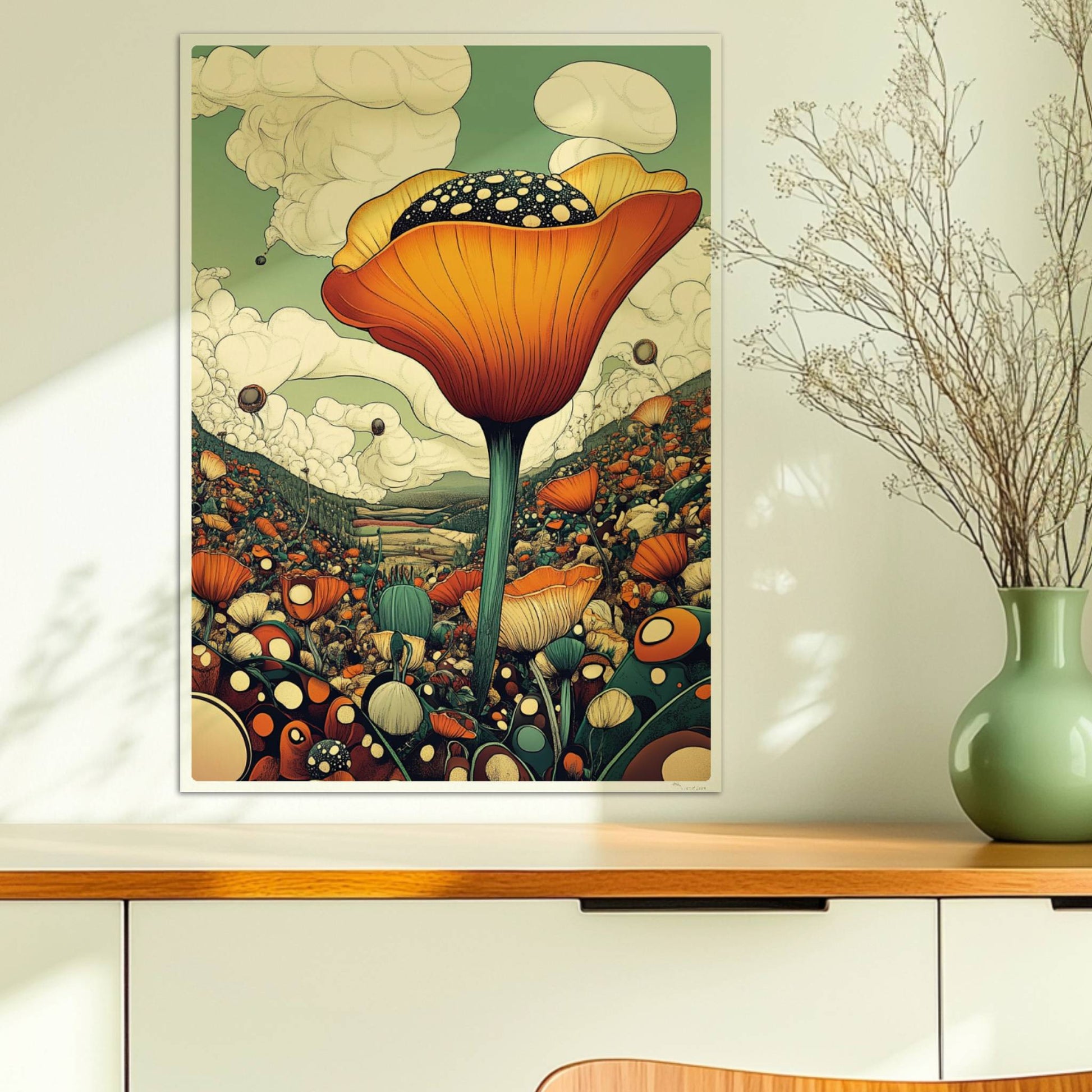 Überdimensionale orangefarbene Blüte mit gepunktetem Samenstand erhebt sich aus einer bunten Wildblumenwiese vor Bergen und dramatischem Wolkenhimmel – spektakuläre Naturillustration.. Ohne Rahmen 50x70
