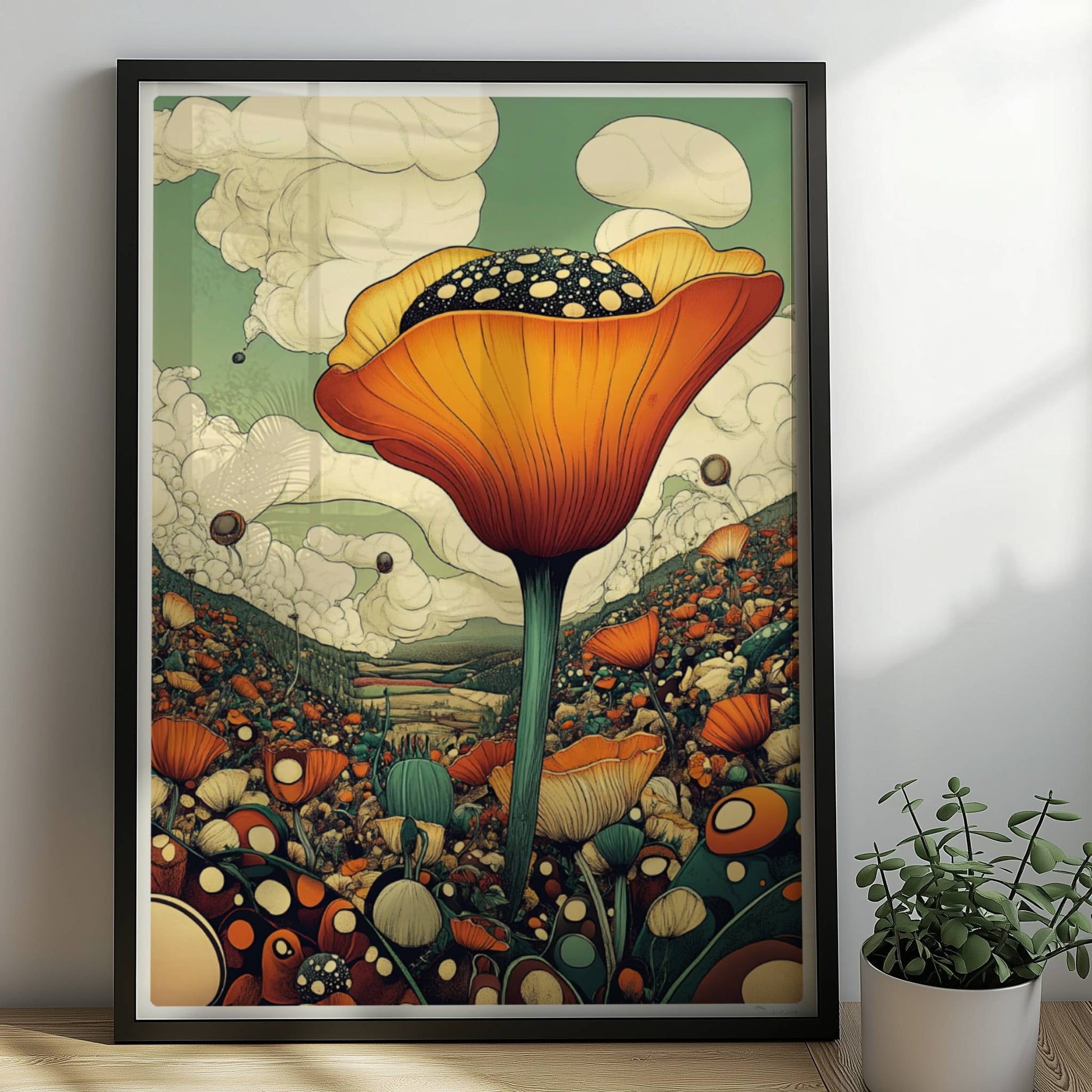 Überdimensionale orangefarbene Blüte mit gepunktetem Samenstand erhebt sich aus einer bunten Wildblumenwiese vor Bergen und dramatischem Wolkenhimmel – spektakuläre Naturillustration.. Rahmen schwarz 50x70