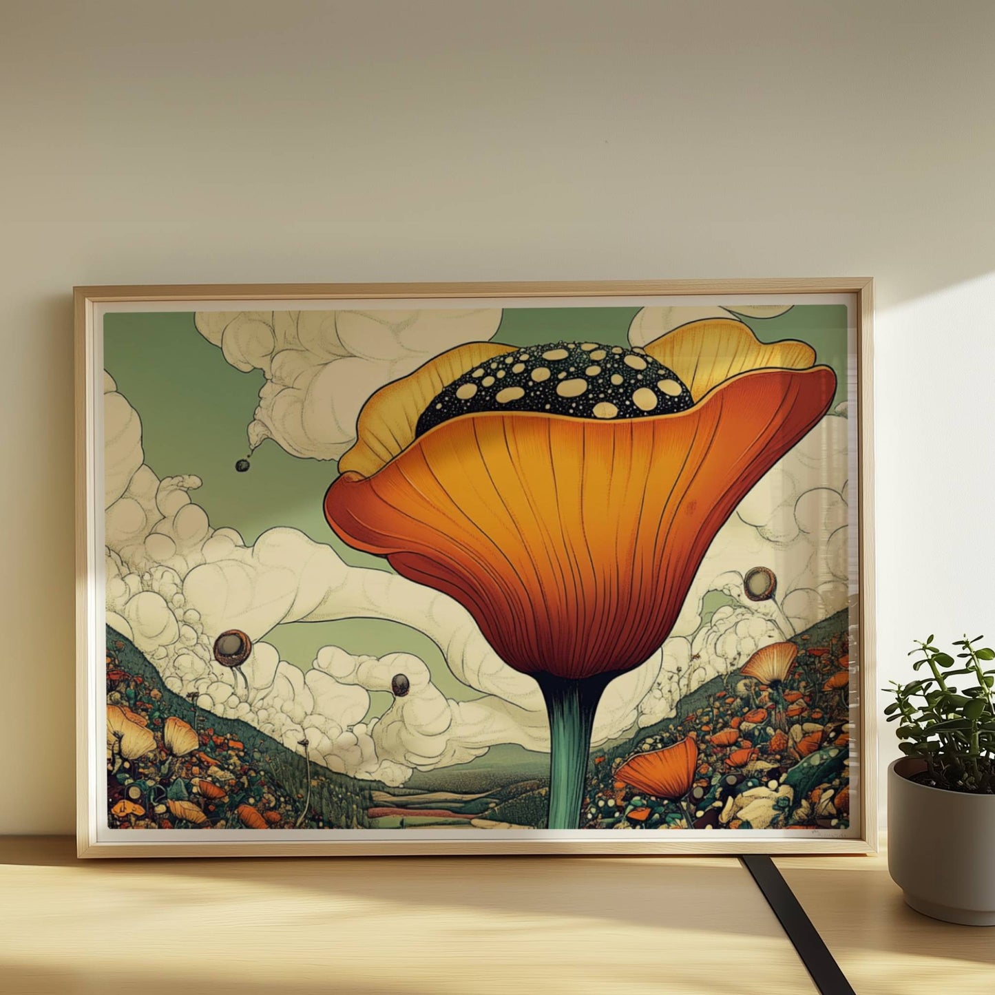 Überdimensionale orangefarbene Blüte mit gepunktetem Samenstand erhebt sich aus einer bunten Wildblumenwiese vor Bergen und dramatischem Wolkenhimmel – spektakuläre Naturillustration.. Rahmen natur 70x50