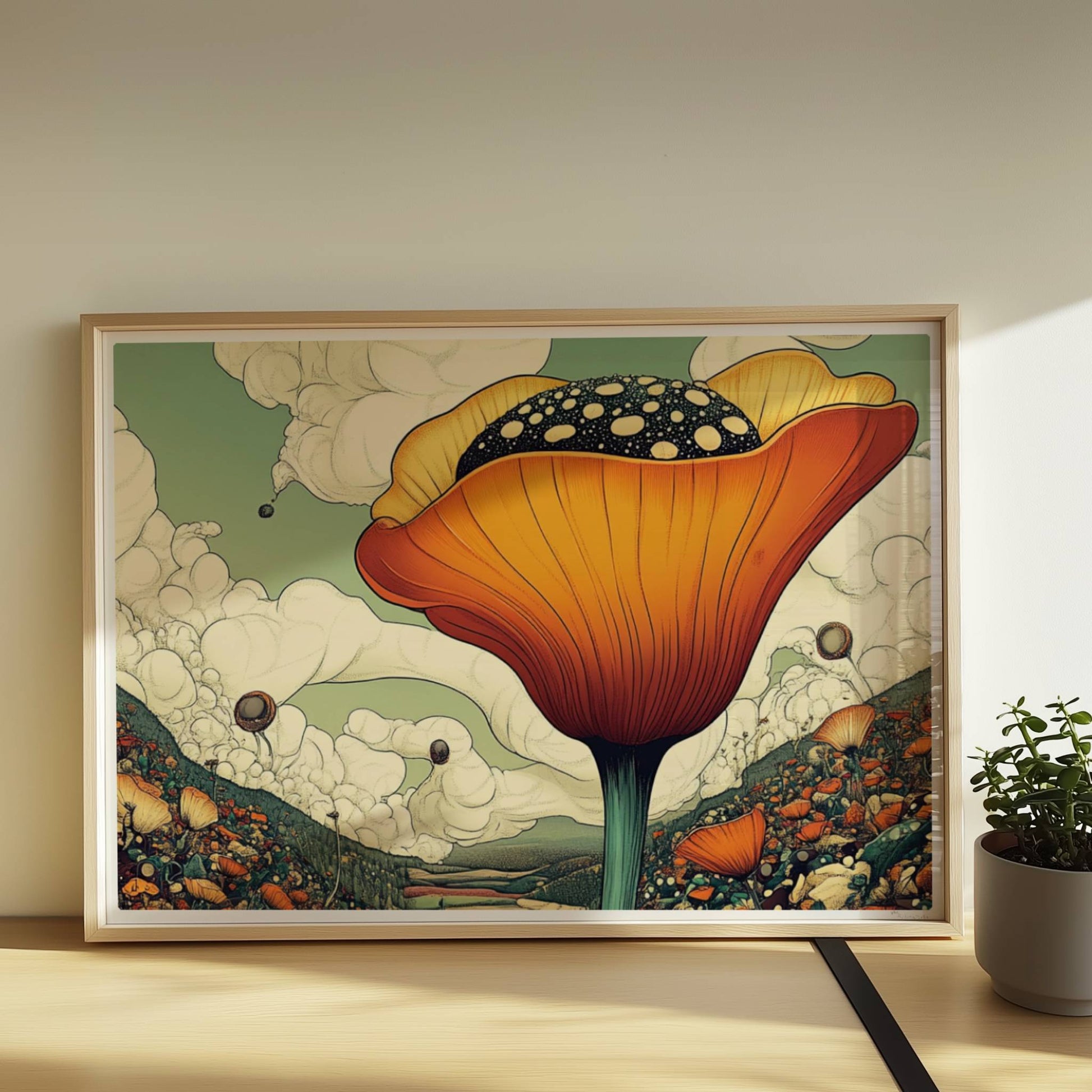 Überdimensionale orangefarbene Blüte mit gepunktetem Samenstand erhebt sich aus einer bunten Wildblumenwiese vor Bergen und dramatischem Wolkenhimmel – spektakuläre Naturillustration.. Rahmen natur 70x50