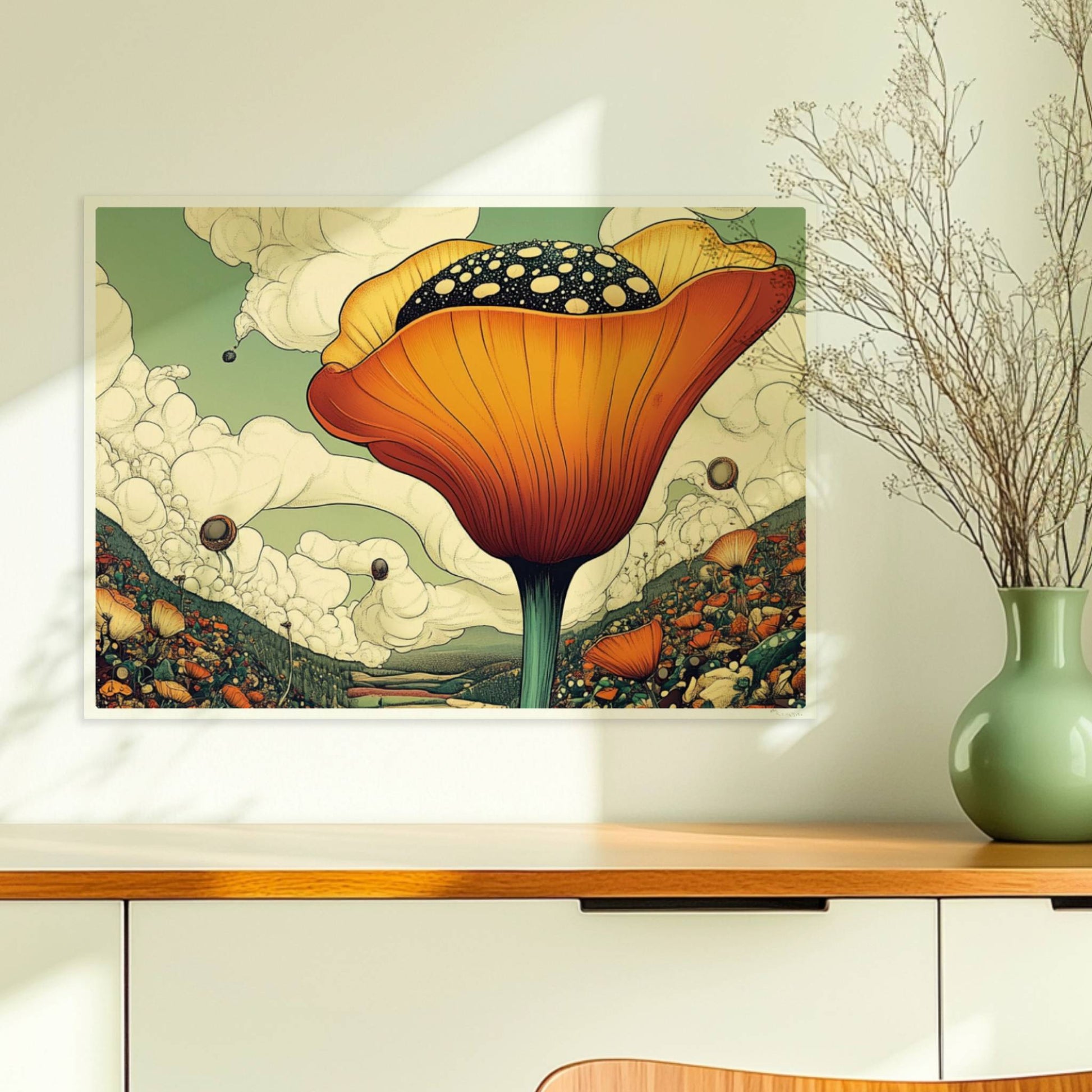 Überdimensionale orangefarbene Blüte mit gepunktetem Samenstand erhebt sich aus einer bunten Wildblumenwiese vor Bergen und dramatischem Wolkenhimmel – spektakuläre Naturillustration.. Ohne Rahmen 70x50