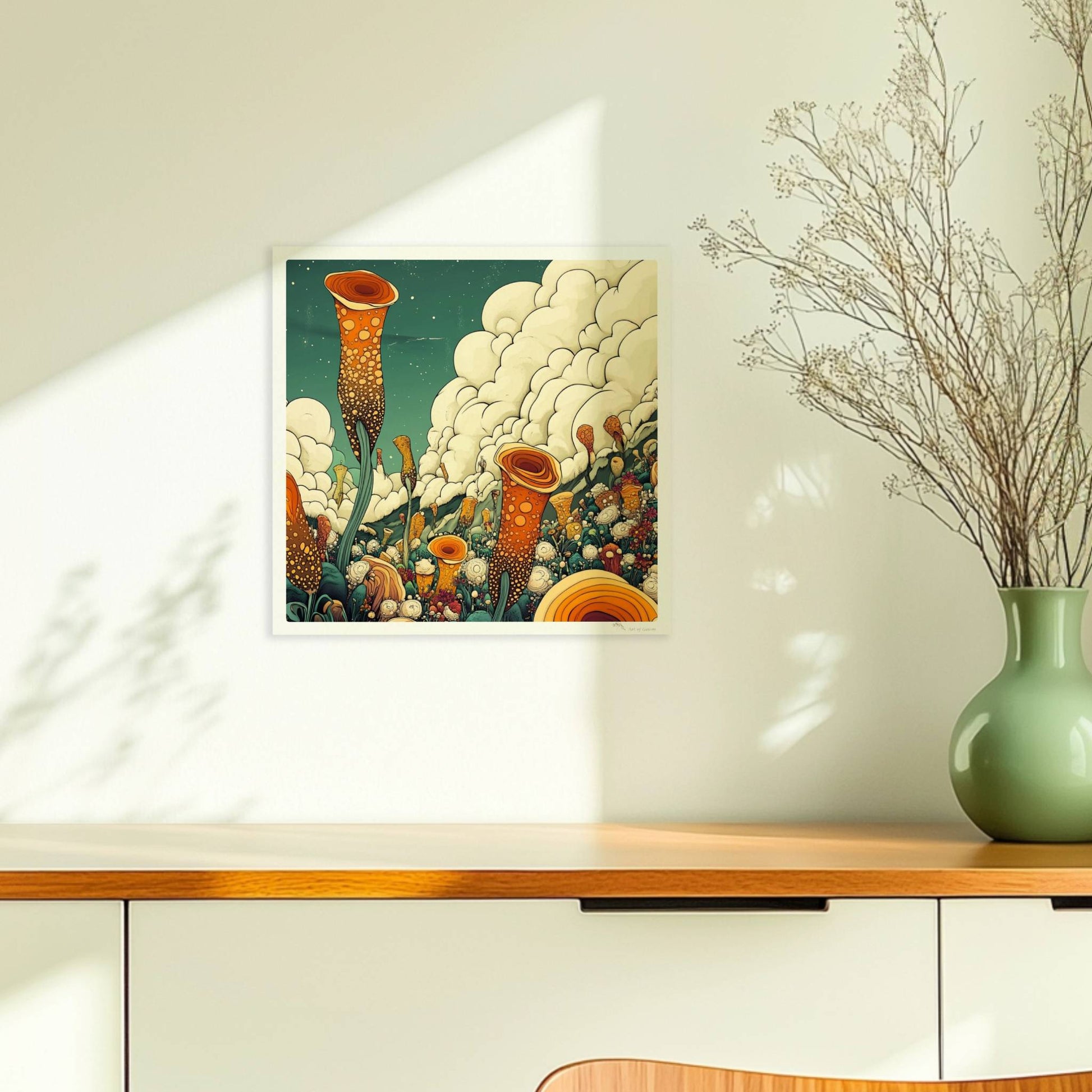Große orangefarbene Blüten, inspiriert von Mohnblumen und Pfingstrosen, ragen aus einer detailreichen Wildblumenwiese mit vielen Blumenarten vor Bergen und dramatischem Wolkenhimmel – kunstvolle Flower Arts Illustration.. Ohne Rahmen 30x30