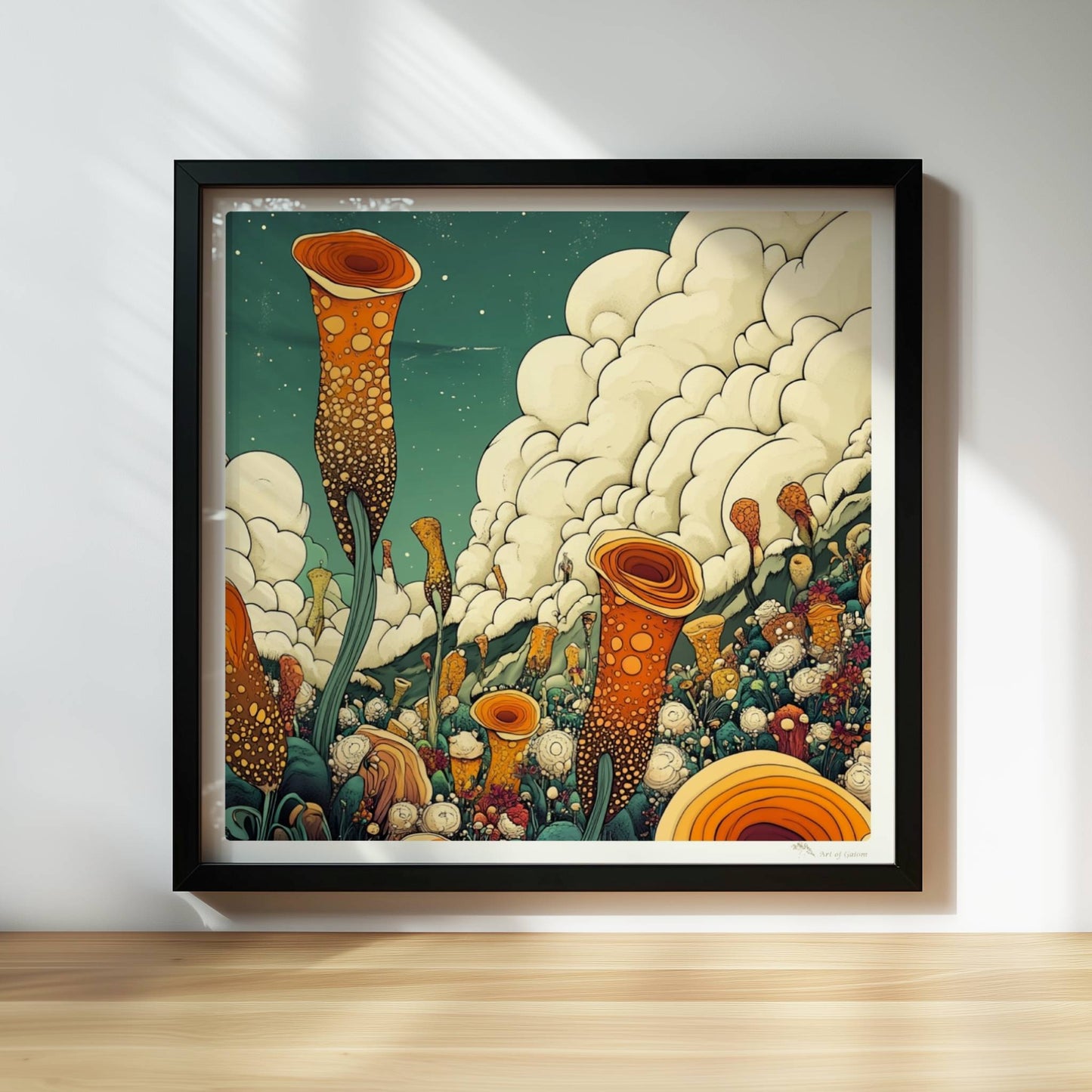 Große orangefarbene Blüten, inspiriert von Mohnblumen und Pfingstrosen, ragen aus einer detailreichen Wildblumenwiese mit vielen Blumenarten vor Bergen und dramatischem Wolkenhimmel – kunstvolle Flower Arts Illustration.. Rahmen schwarz 30x30