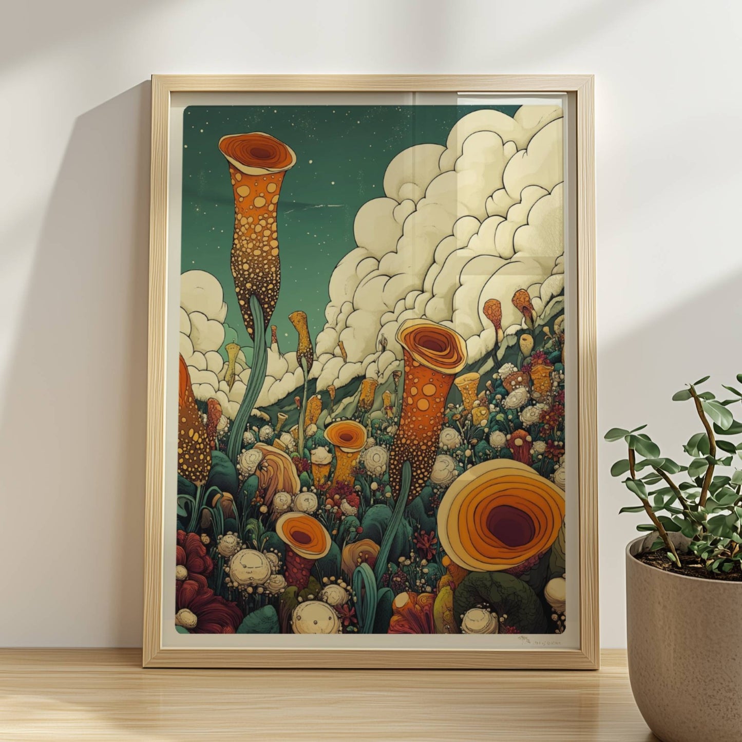 Große orangefarbene Blüten, inspiriert von Mohnblumen und Pfingstrosen, ragen aus einer detailreichen Wildblumenwiese mit vielen Blumenarten vor Bergen und dramatischem Wolkenhimmel – kunstvolle Flower Arts Illustration.. Rahmen natur 30x40