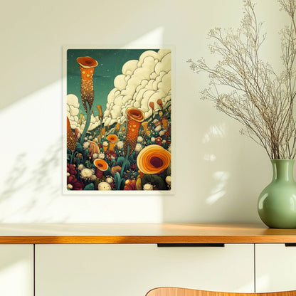 Große orangefarbene Blüten, inspiriert von Mohnblumen und Pfingstrosen, ragen aus einer detailreichen Wildblumenwiese mit vielen Blumenarten vor Bergen und dramatischem Wolkenhimmel – kunstvolle Flower Arts Illustration.. Ohne Rahmen 30x40