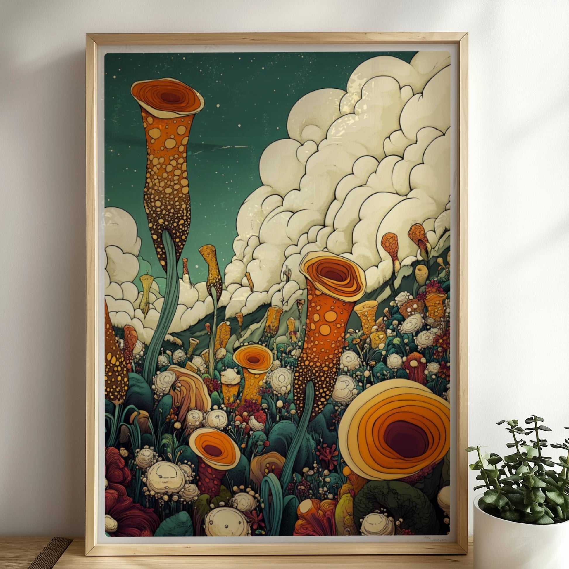 Große orangefarbene Blüten, inspiriert von Mohnblumen und Pfingstrosen, ragen aus einer detailreichen Wildblumenwiese mit vielen Blumenarten vor Bergen und dramatischem Wolkenhimmel – kunstvolle Flower Arts Illustration.. Rahmen natur 50x70
