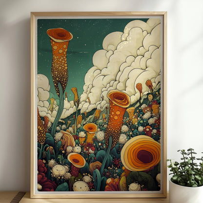 Große orangefarbene Blüten, inspiriert von Mohnblumen und Pfingstrosen, ragen aus einer detailreichen Wildblumenwiese mit vielen Blumenarten vor Bergen und dramatischem Wolkenhimmel – kunstvolle Flower Arts Illustration.. Rahmen natur 50x70