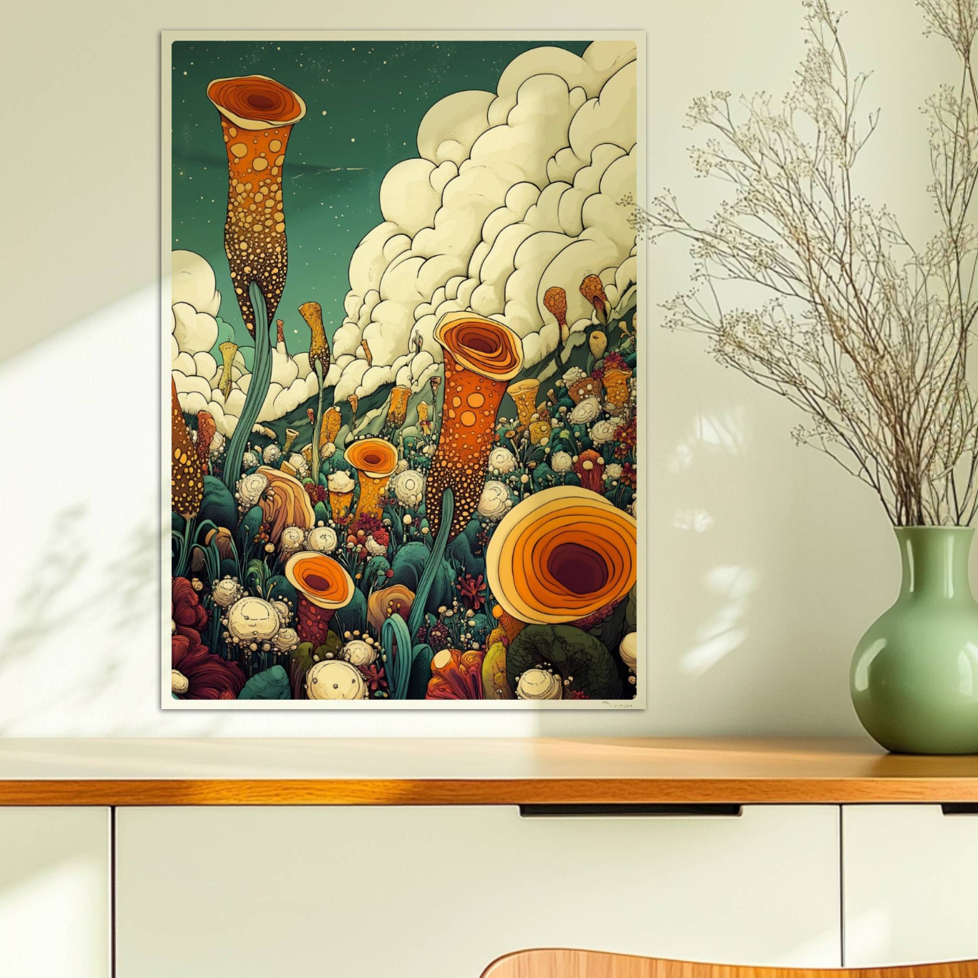 Große orangefarbene Blüten, inspiriert von Mohnblumen und Pfingstrosen, ragen aus einer detailreichen Wildblumenwiese mit vielen Blumenarten vor Bergen und dramatischem Wolkenhimmel – kunstvolle Flower Arts Illustration.. Ohne Rahmen 50x70