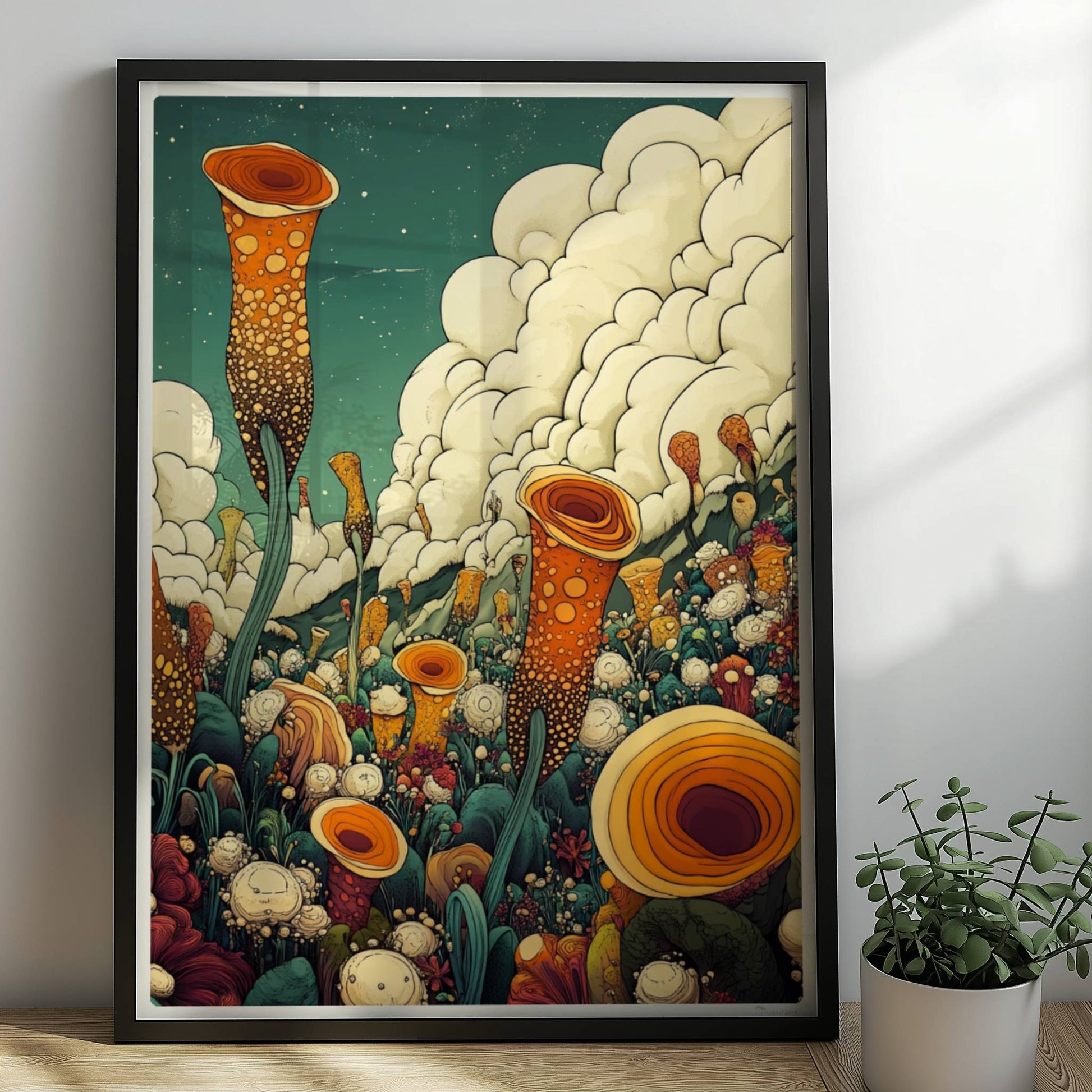 Große orangefarbene Blüten, inspiriert von Mohnblumen und Pfingstrosen, ragen aus einer detailreichen Wildblumenwiese mit vielen Blumenarten vor Bergen und dramatischem Wolkenhimmel – kunstvolle Flower Arts Illustration.. Rahmen schwarz 50x70